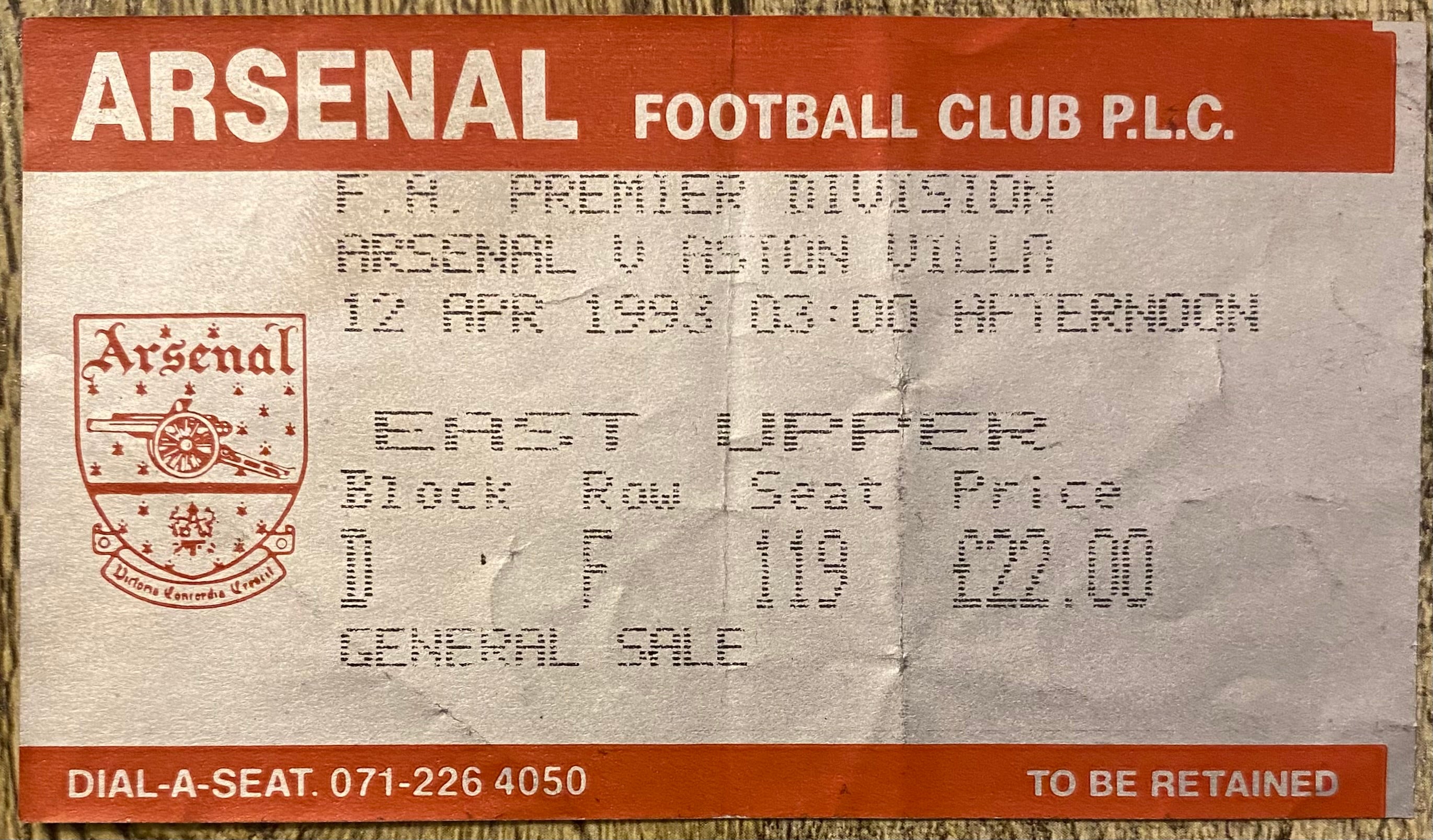 1992/93  ORIGINAL PREMIER LEAGUE TICKET ARSENAL V ASTON VILLA
