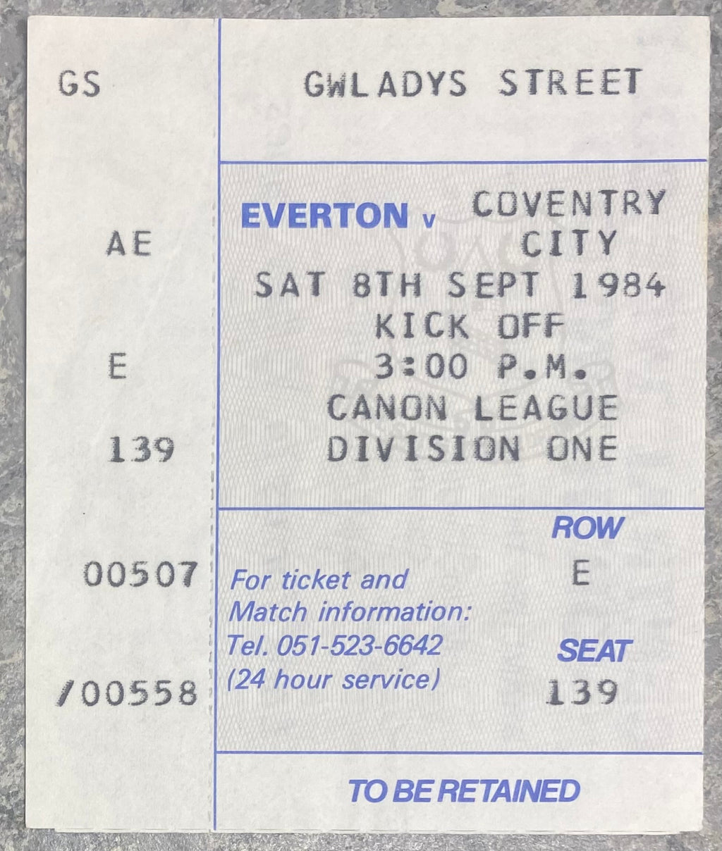 1984/85 ORIGINAL DIVISION ONE TICKET EVERTON V COVENTRY CITY