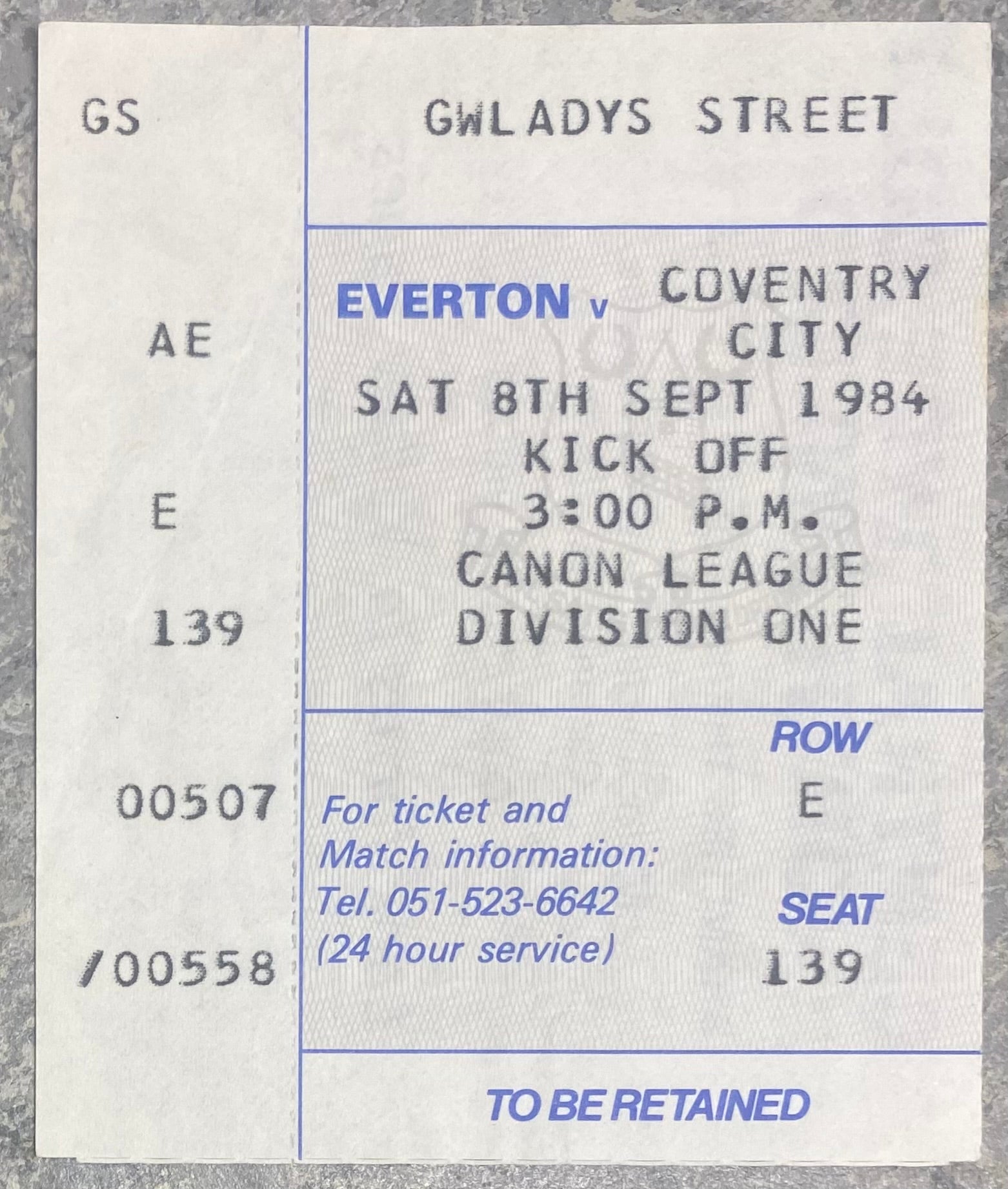 1984/85 ORIGINAL DIVISION ONE TICKET EVERTON V COVENTRY CITY