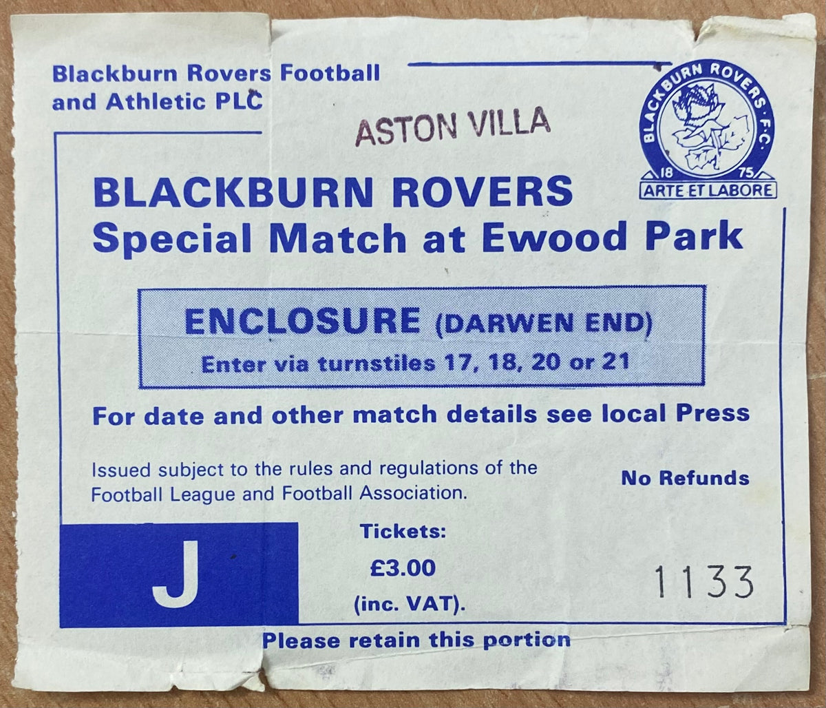 1989/90 ORIGINAL FA CUP 3RD ROUND TICKET BLACKBURN ROVERS V ASTON VILLA