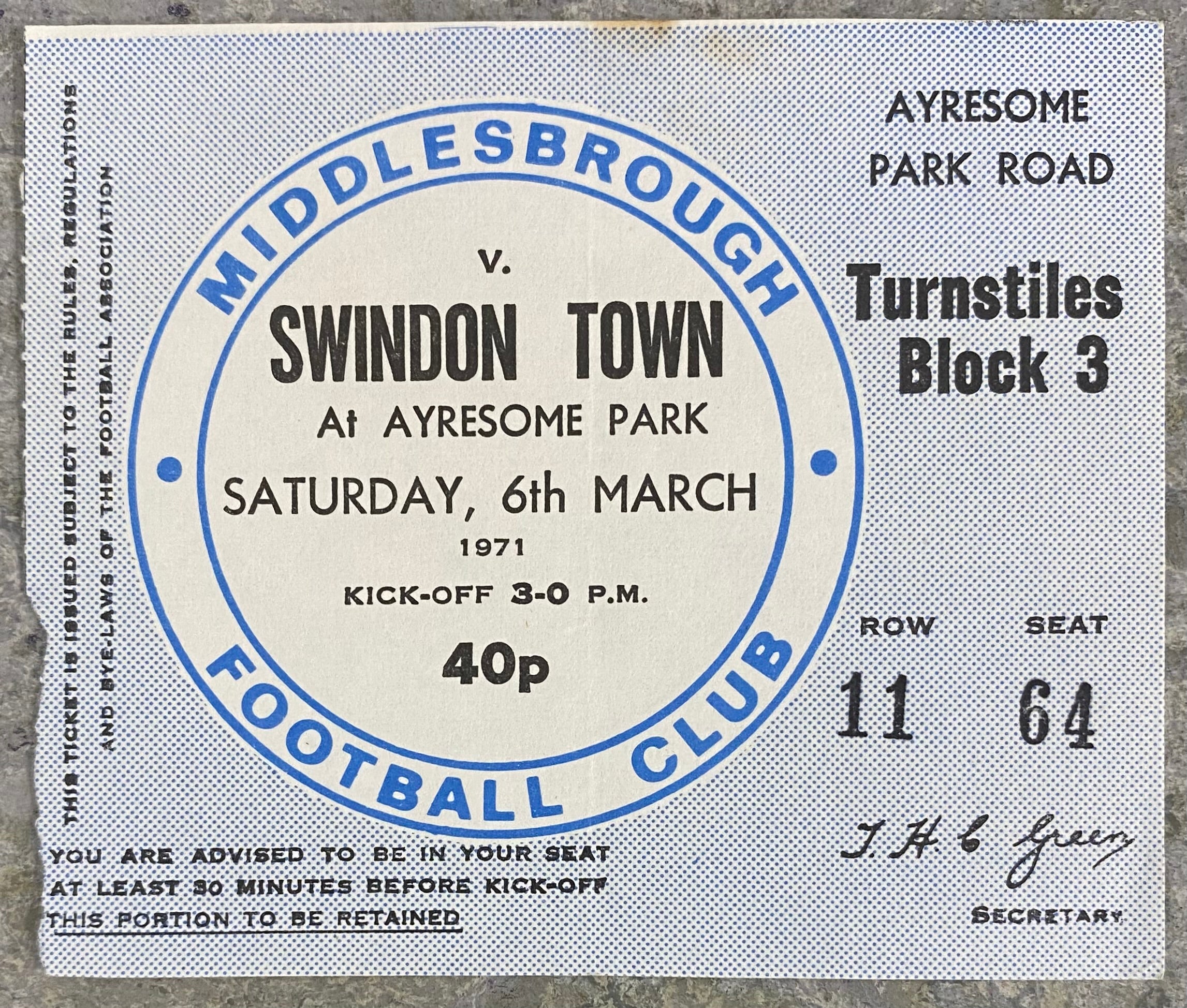 1970/71 ORIGINAL DIVISION 2 TICKET MIDDLESBROUGH V SWINDON