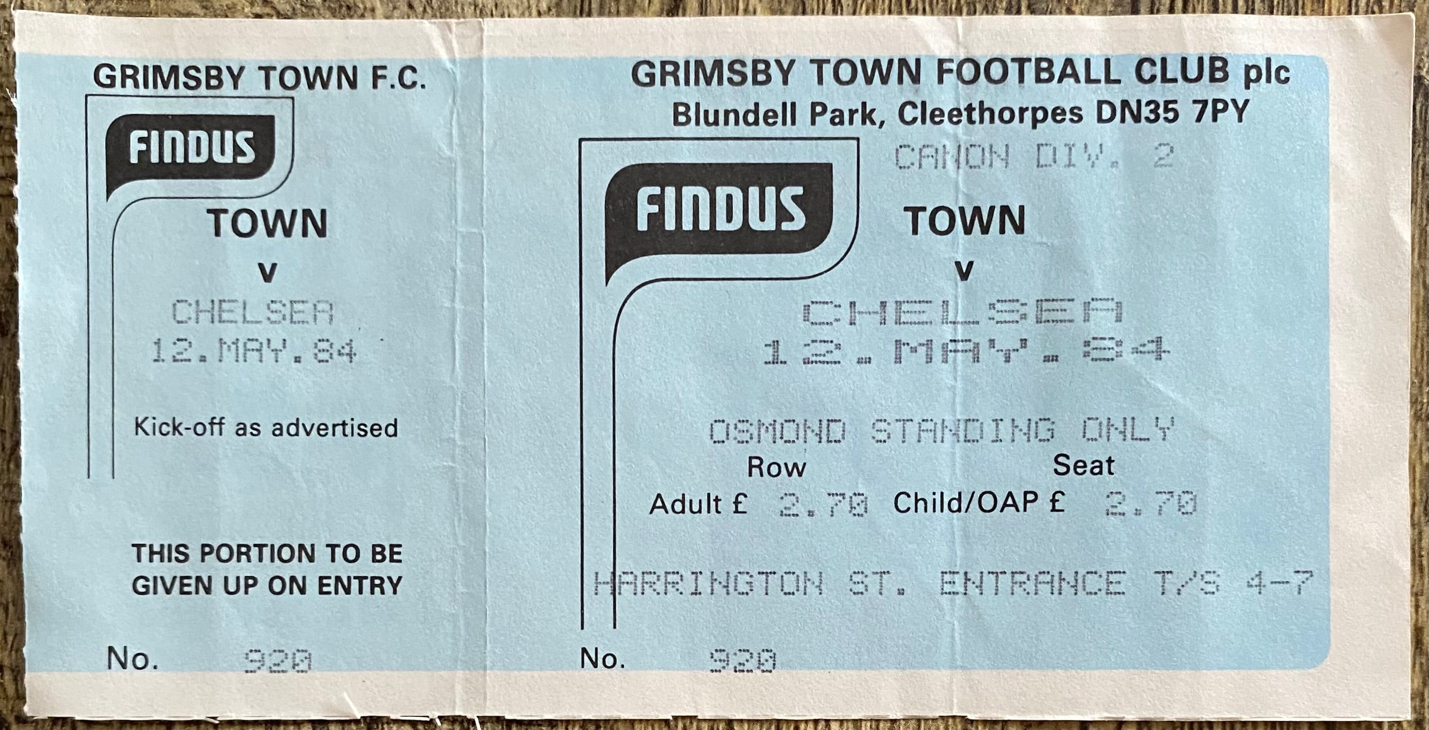1983/84 ORIGINAL UNUSED DIVISION TWO TICKET GRIMSBY TOWN V CHELSEA