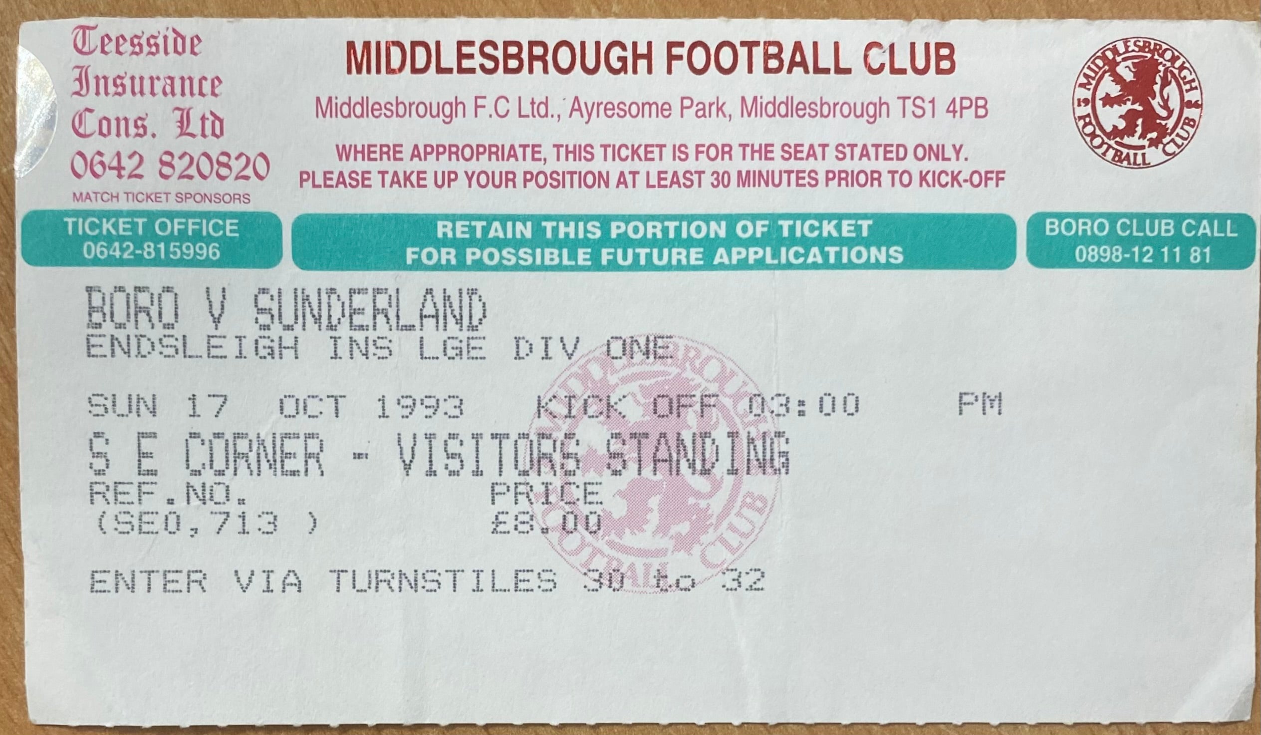 1993/94 ORIGINAL DIVISION 1 TICKET MIDDLESBROUGH V SUNDERLAND