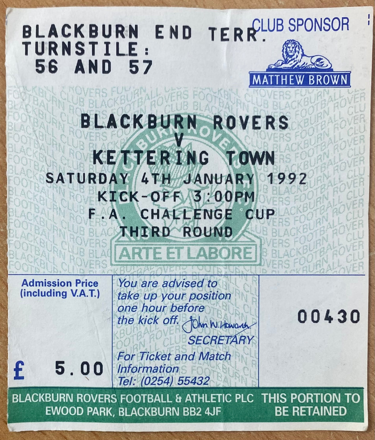 1991/92 ORIGINAL FA CUP 3RD ROUND TICKET BLACKBURN ROVERS V KETTERING TOWN