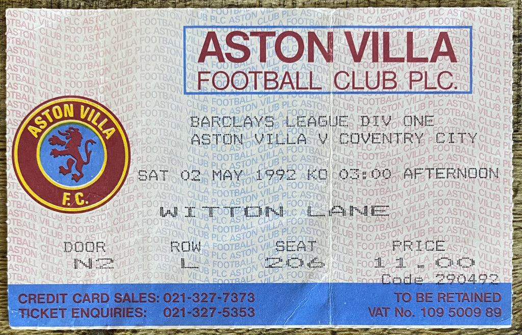 1991/92 ORIGINAL DIVISION 1 TICKET ASTON VILLA V COVENTRY CITY