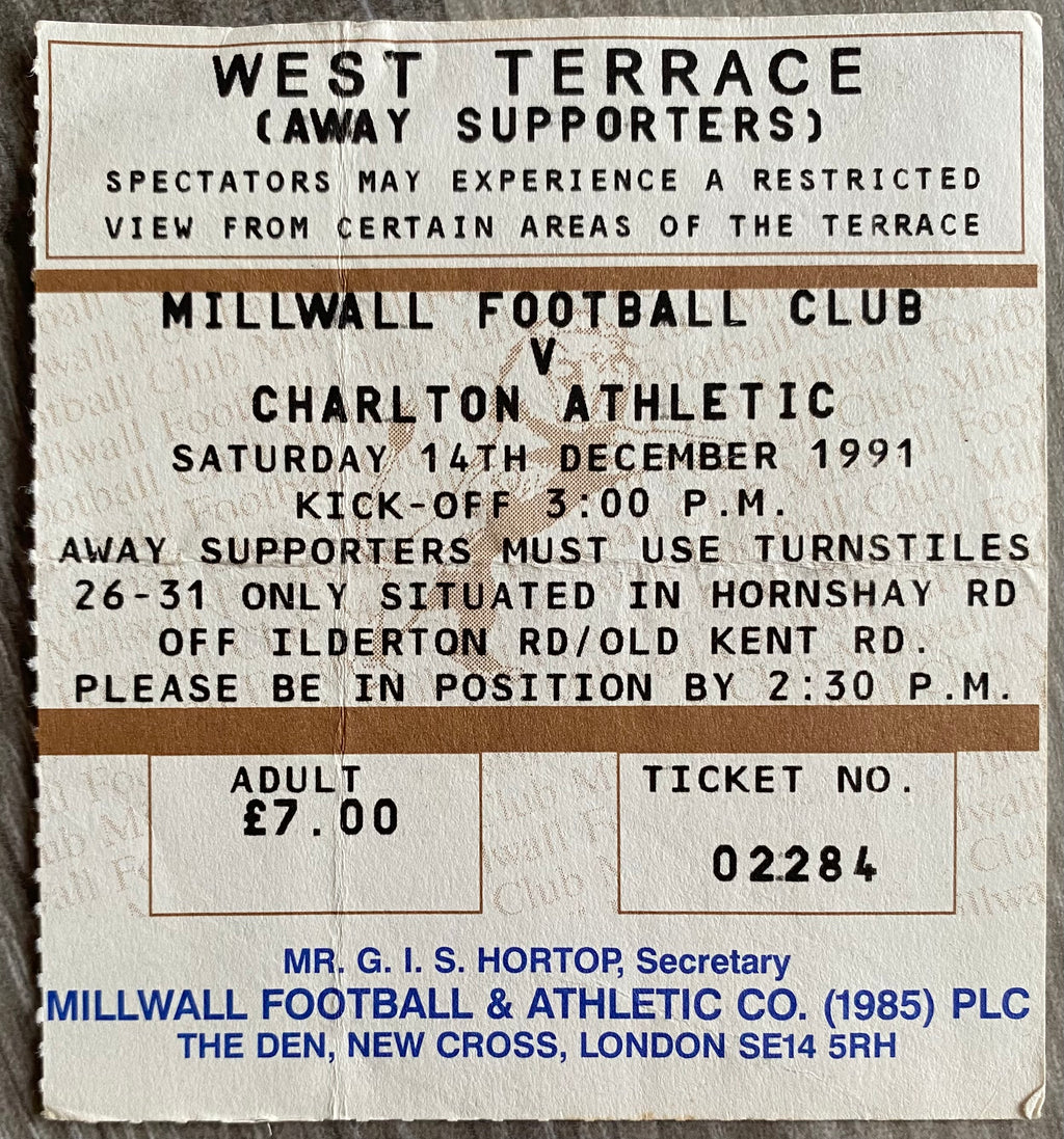 1991/92 ORIGINAL DIVISION 2 TICKET MILLWALL V CHARLTON ATHLETIC