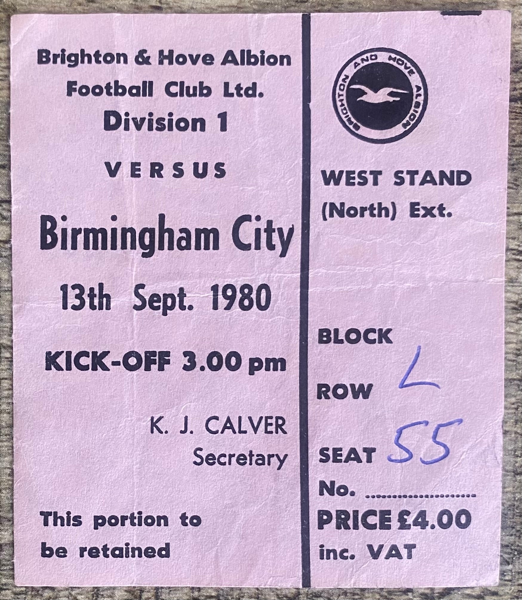 1980/81 ORIGINAL DIVISION 1 TICKET BRIGHTON AND HOVE ALBION V BIRMINGHAM CITY
