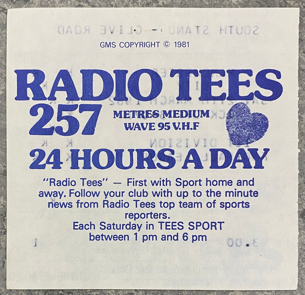 1981/82 ORIGINAL DIVISION 2 TICKET MIDDLESBROUGH V MANCHESTER CITY