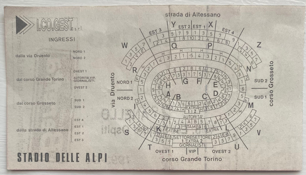 1993/94 ORIGINAL EUROPEAN CUP WINNERS CUP QUARTER FINAL 1ST LEG TICKET TORINO V ARSENAL