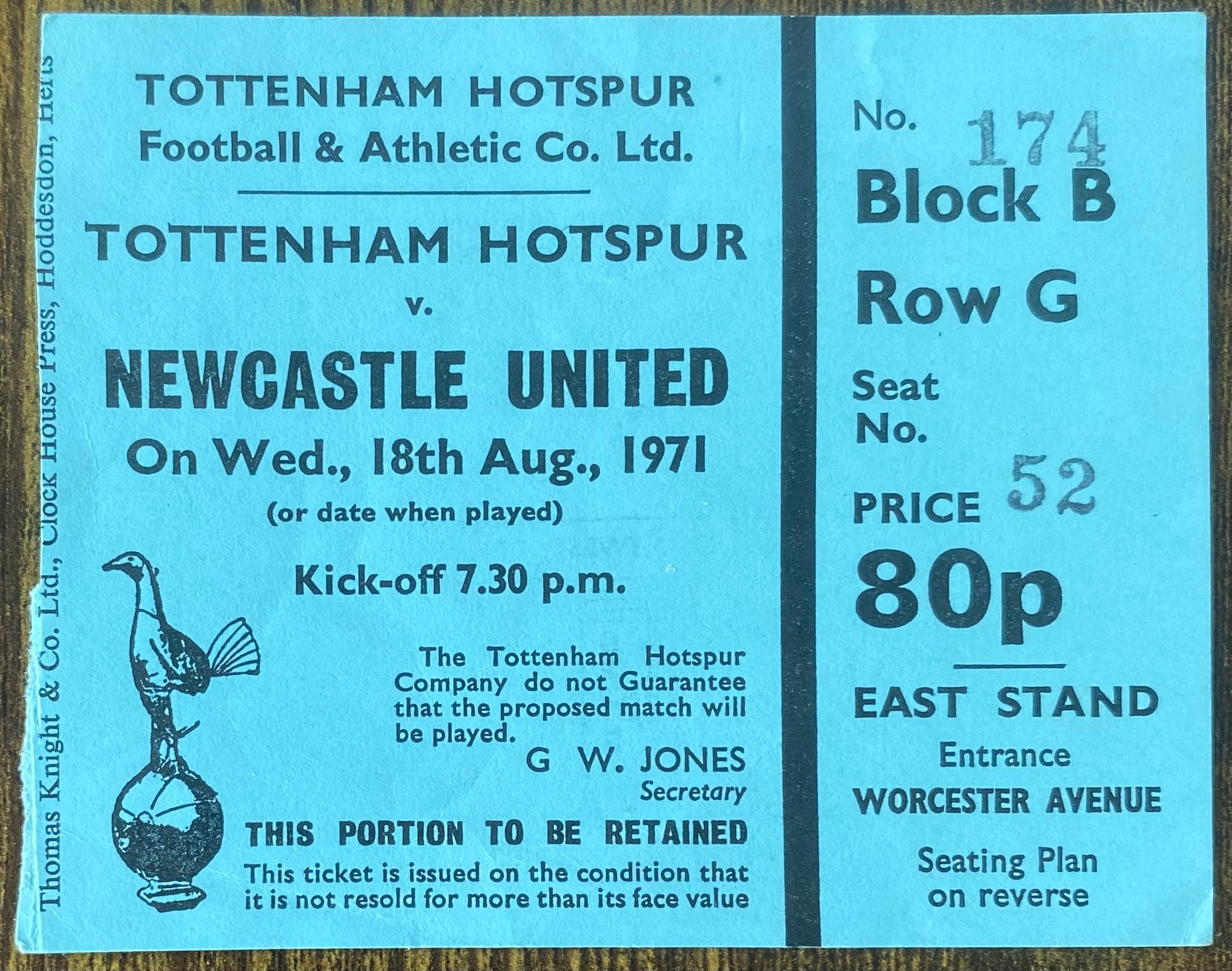 1971/72 ORIGINAL DIVISION ONE TICKET TOTTENHAM HOTSPUR V NEWCASTLE UNITED