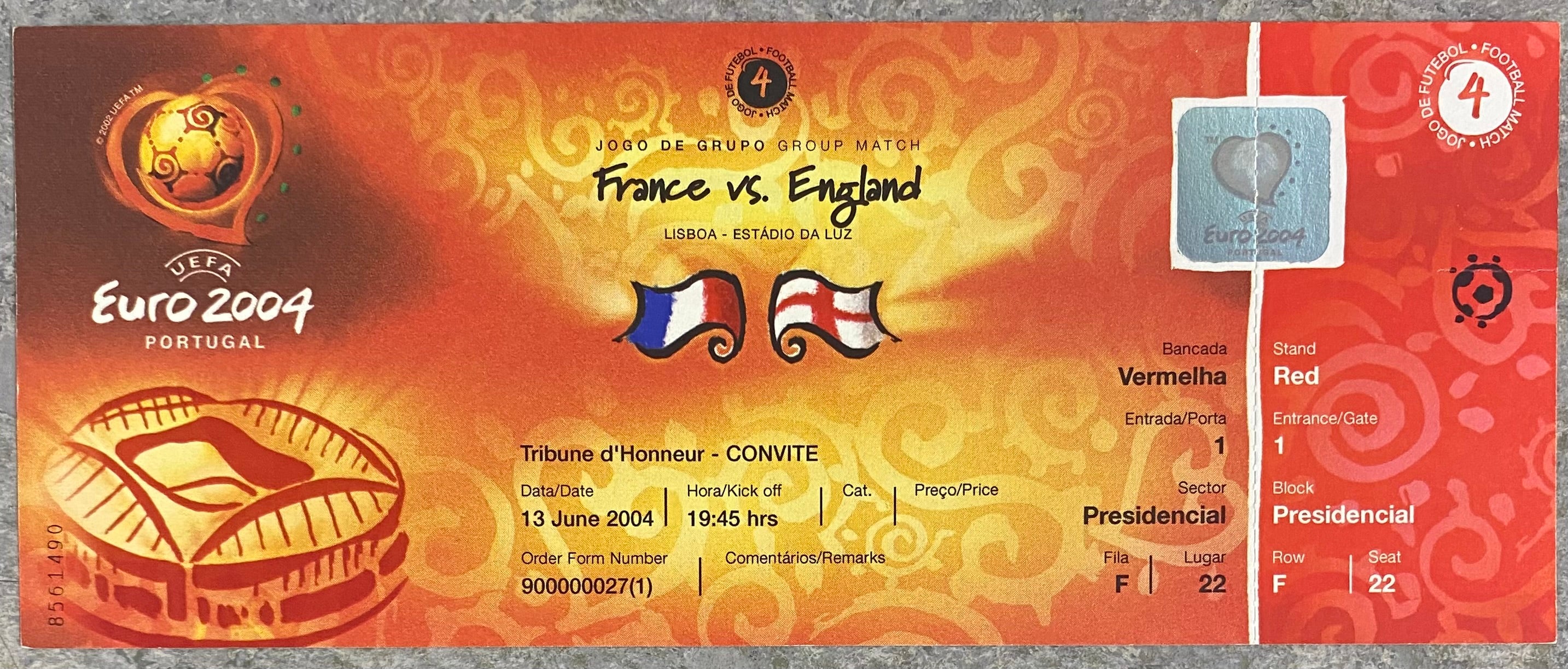 2004 ORIGINAL EUROPEAN CHAMPIONSHIPS UNUSED TICKET ENGLAND V FRANCE @ LISBON