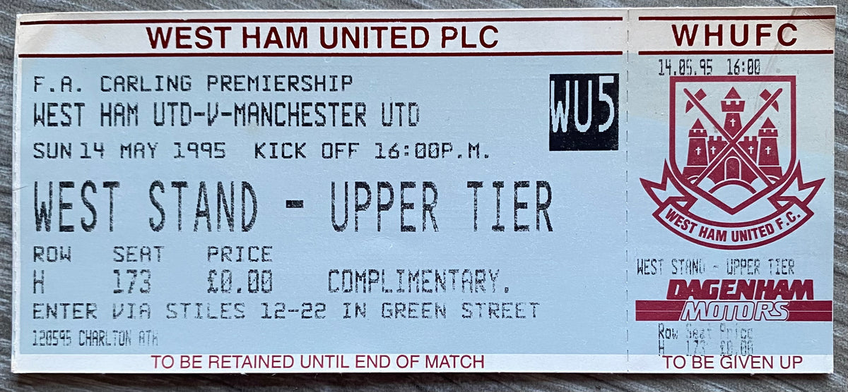 1994/95 ORIGINAL FA PREMIERSHIP UNUSED TICKET WEST HAM UNITED V MANCHESTER UNITED