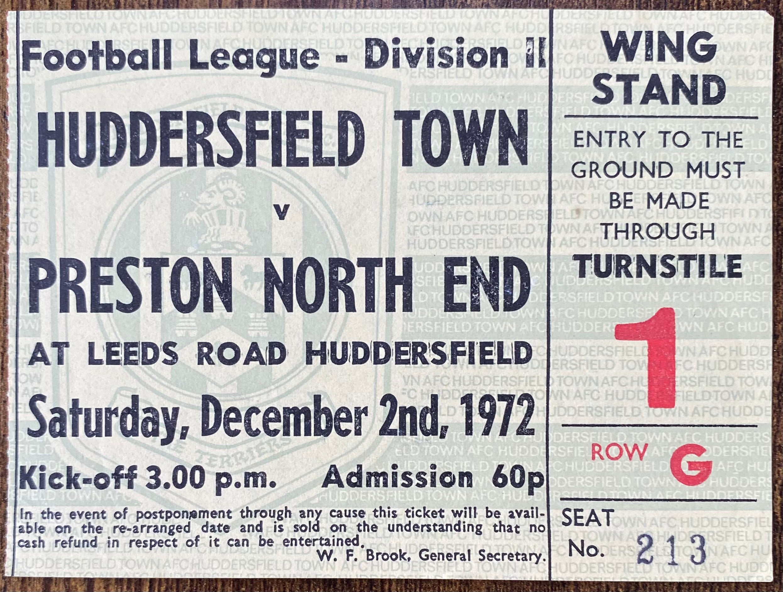 1972/73 ORIGINAL DIVISION 2 TICKET HUDDERSFIELD TOWN V PRESTON NORTH END
