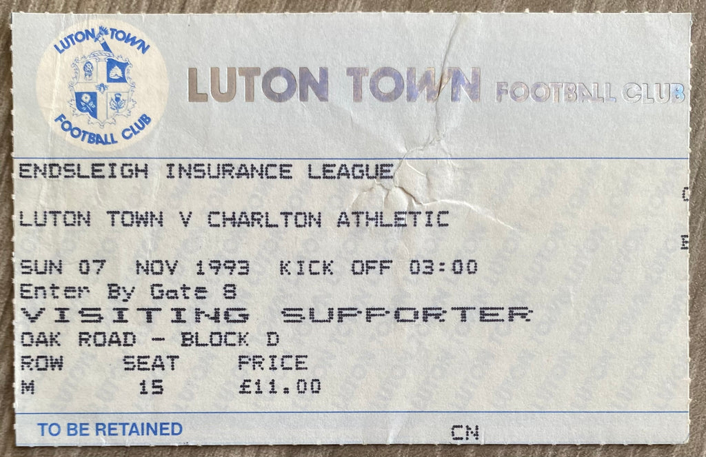1993/94 ORIGINAL DIVISION 1 TICKET LUTON TOWN V CHARLTON ATHLETIC
