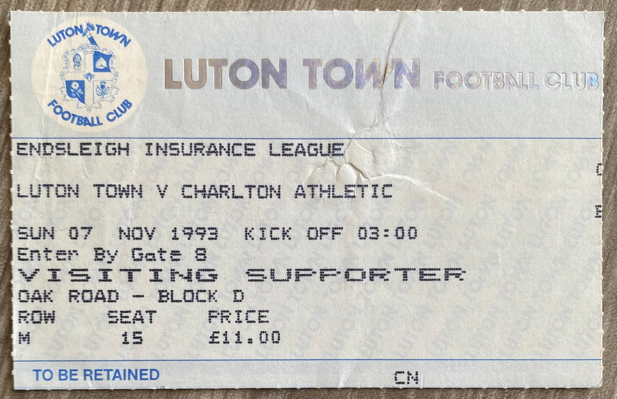 1993/94 ORIGINAL DIVISION 1 TICKET LUTON TOWN V CHARLTON ATHLETIC