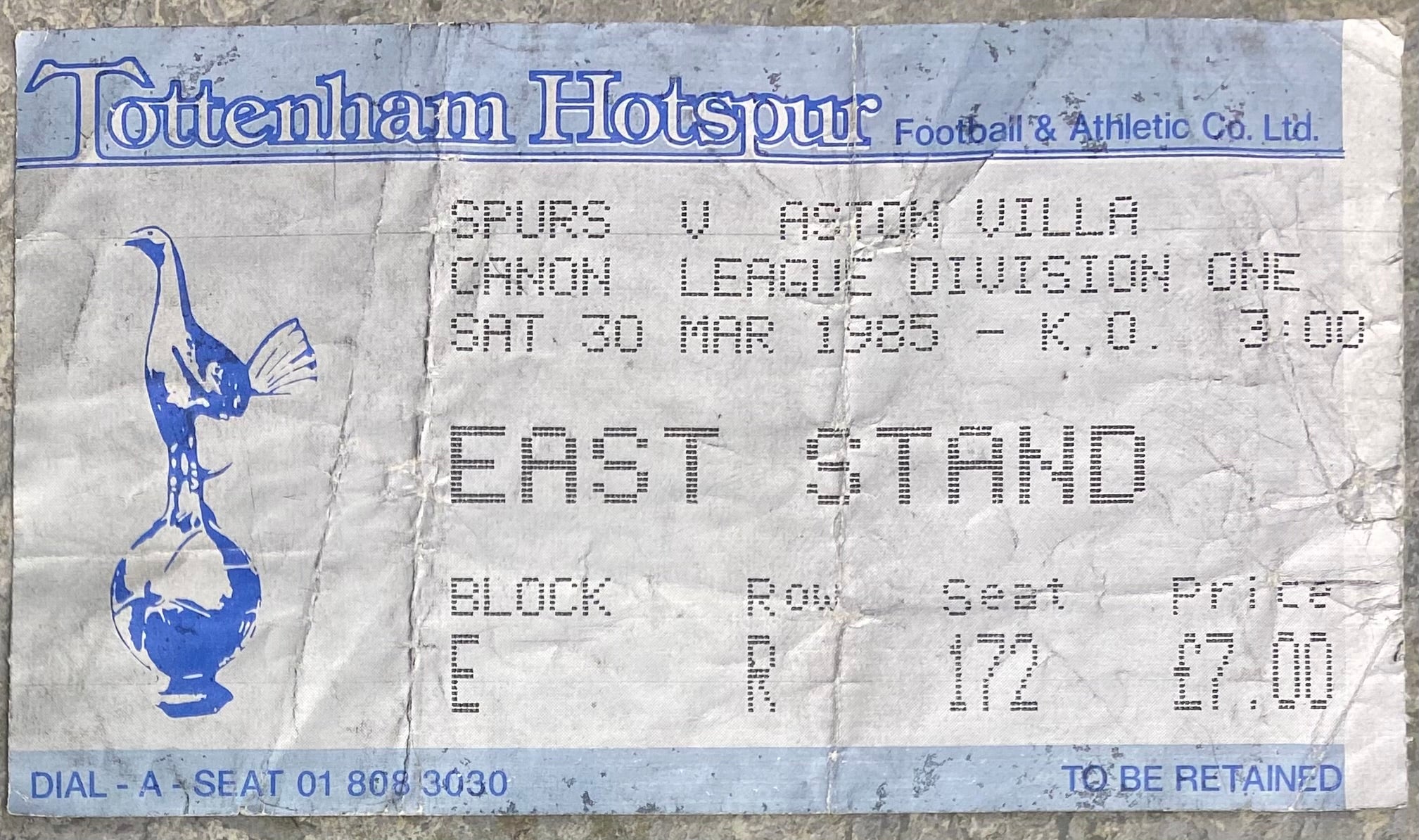 1984/85 ORIGINAL DIVISION ONE TICKET TOTTENHAM HOTSPUR V ASTON VILLA