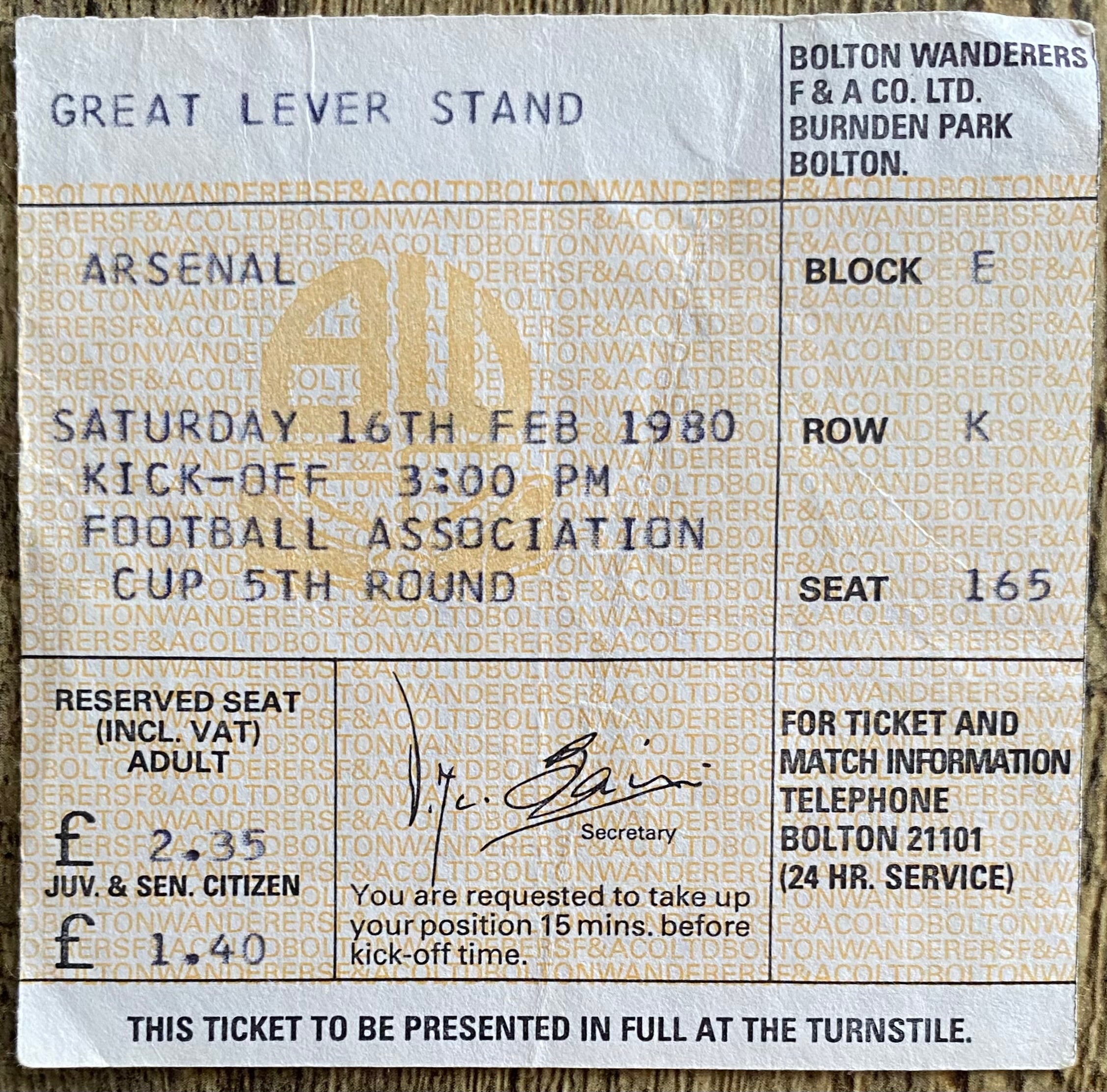 1979/80 ORIGINAL FA CUP 5TH ROUND TICKET BOLTON WANDERERS V ARSENAL