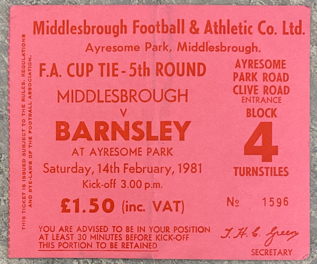 1980/81 ORIGINAL FA CUP 5TH  ROUND TICKET MIDDLESBROUGH V BARNSLEY