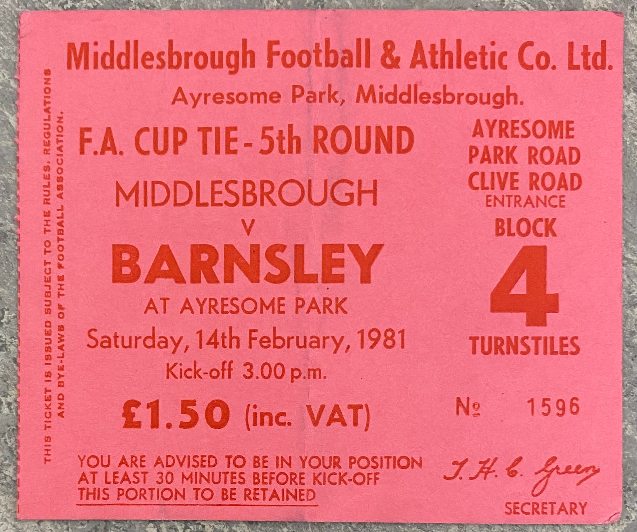 1980/81 ORIGINAL FA CUP 5TH  ROUND TICKET MIDDLESBROUGH V BARNSLEY
