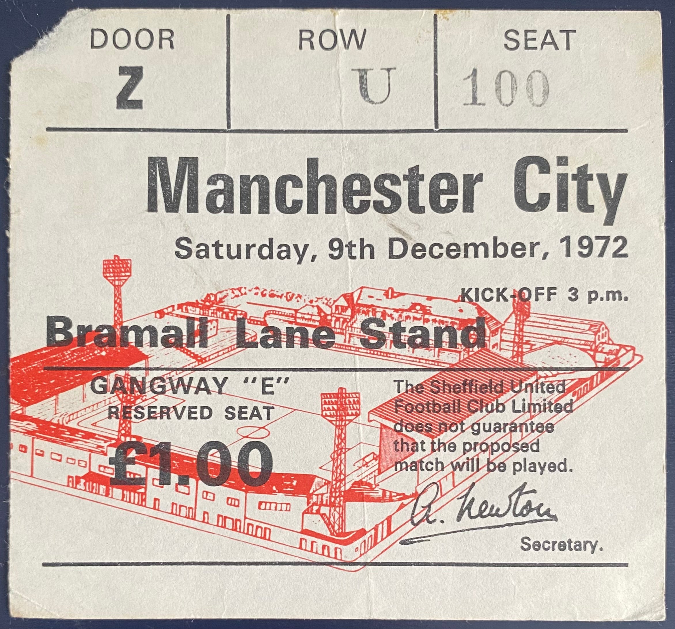1972/73 ORIGINAL DIVISION 1 TICKET SHEFFIELD UNITED V MANCHESTER CITY