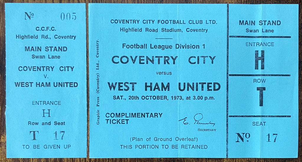 1973/74 ORIGINAL DIVISION 1 TICKET COVENTRY CITY V WEST HAM UNITED (WITH STUB)