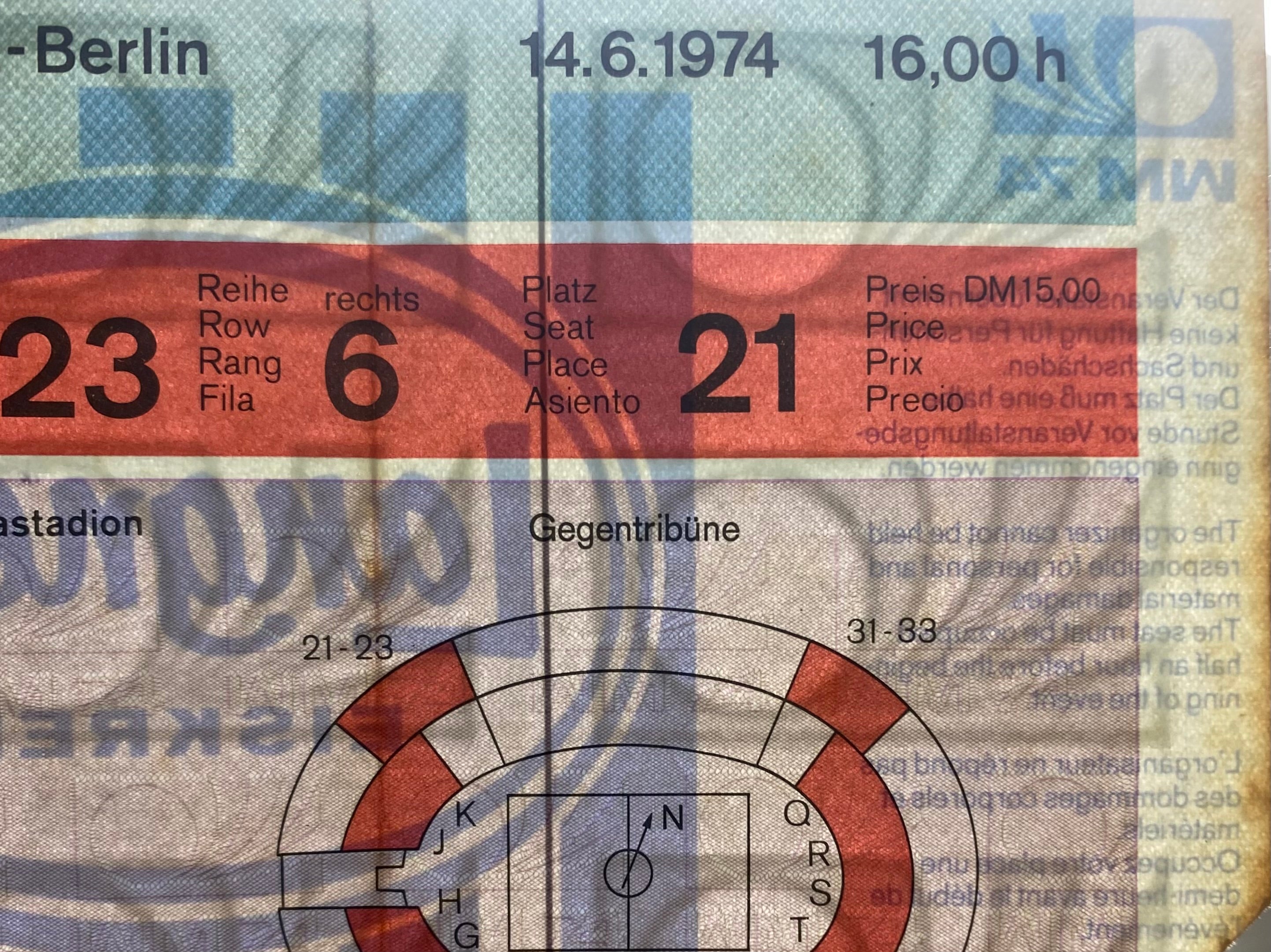 1974 ORIGINAL WORLD CUP 1ST ROUND TICKET WEST GERMANY V CHILE @ WEST BERLIN