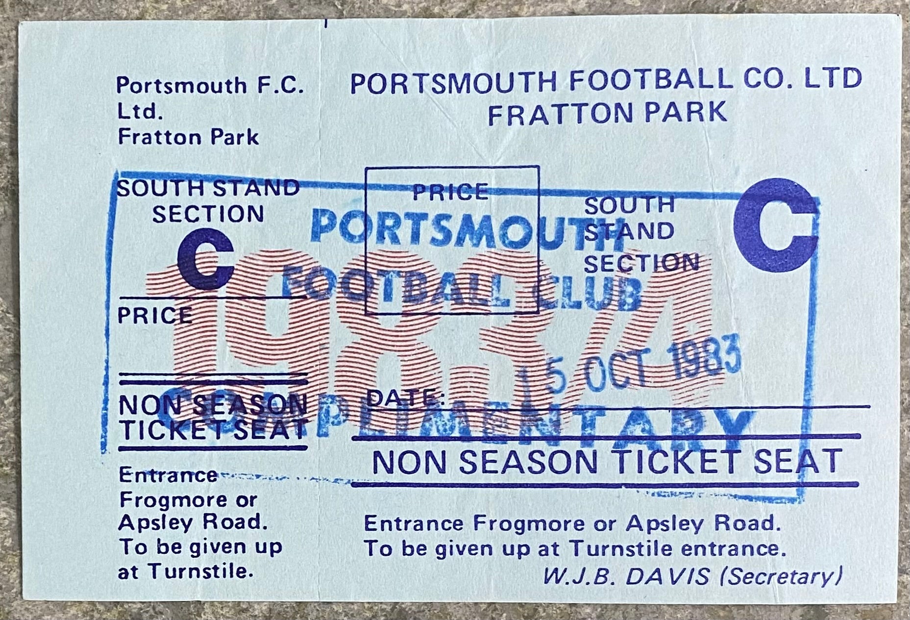 1983/84 ORIGINAL DIVISION 2 TICKET PORTSMOUTH V SHEFFIELD WEDNESDAY