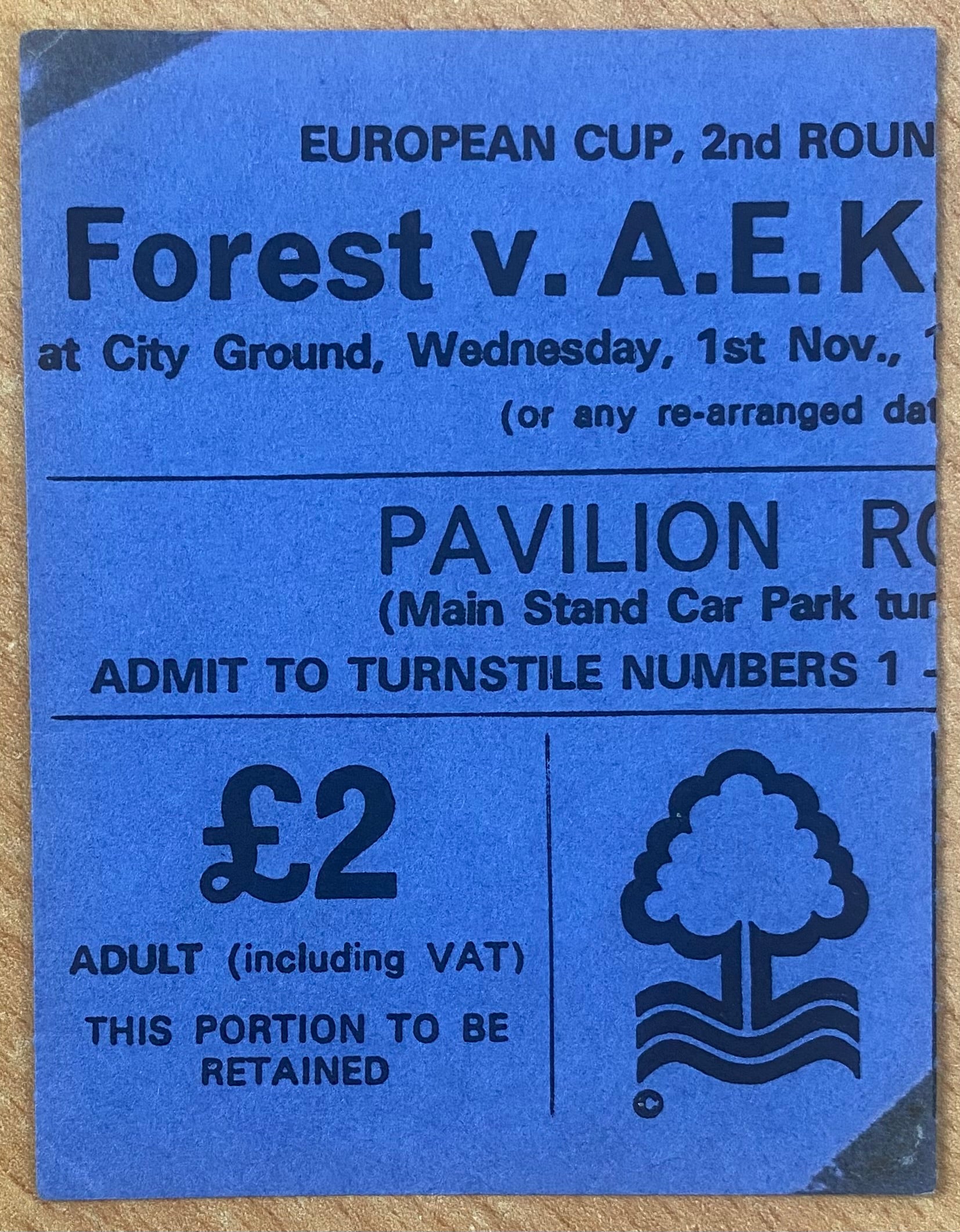 1978/79 ORIGINAL EUROPEAN CUP 2ND ROUND 2ND LEG TICKET NOTTINGHAM FOREST V AEK ATHENS