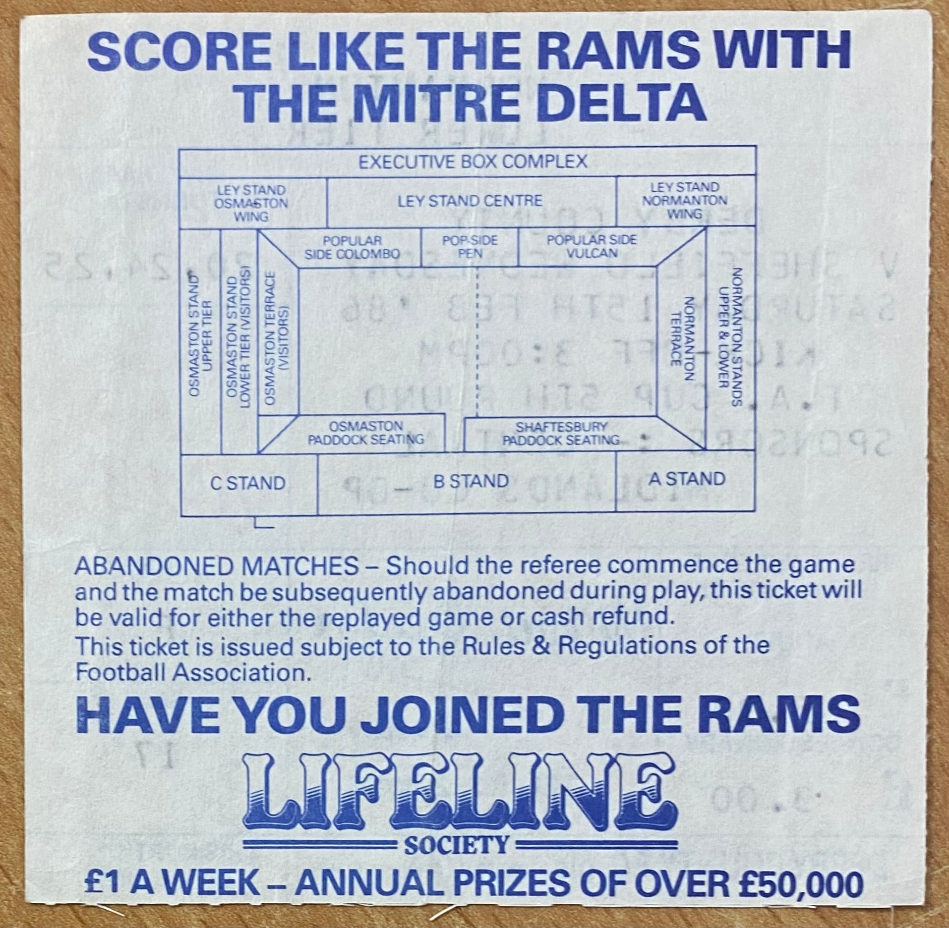 1985/86 ORIGINAL FA CUP 5TH ROUND TICKET DERBY COUNTY V SHEFFIELD WEDNESDAY
