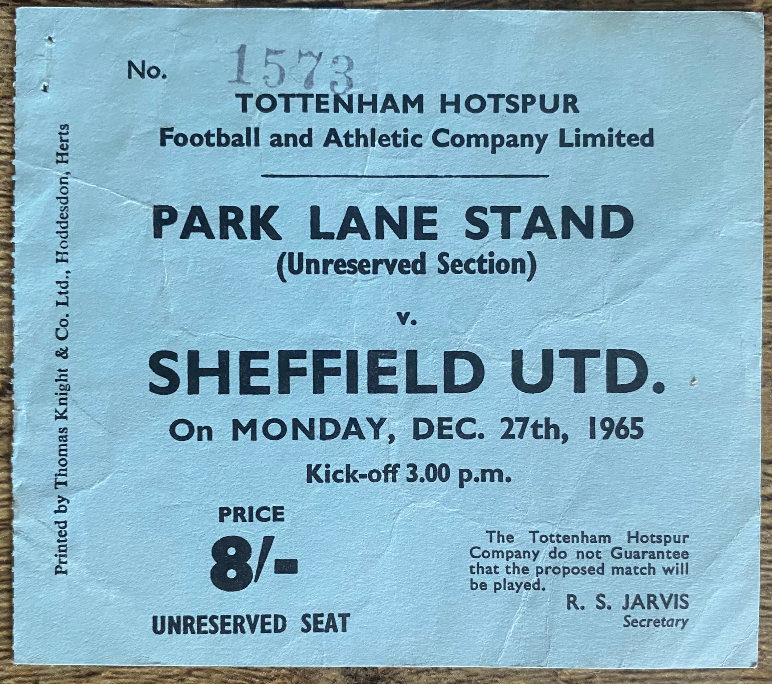 1965/66 ORIGINAL DIVISION ONE TICKET TOTTENHAM HOTSPUR V SHEFFIELD UNITED
