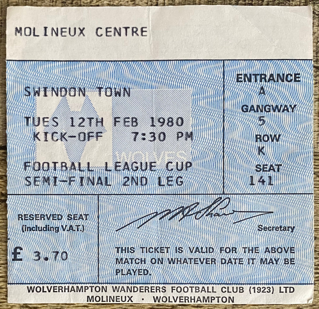 1979/80 ORIGINAL LEAGUE CUP SEMI FINAL 2ND LEG  TICKET WOLVERHAMPTON WANDERERS V SWINDON TOWN
