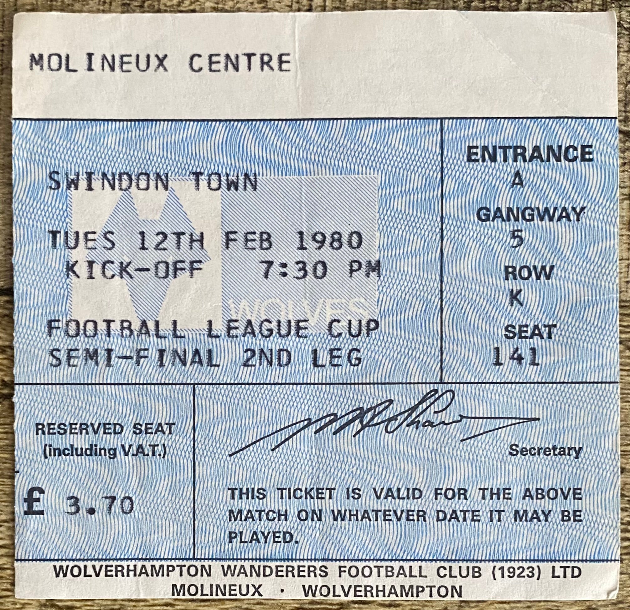 1979/80 ORIGINAL LEAGUE CUP SEMI FINAL 2ND LEG  TICKET WOLVERHAMPTON WANDERERS V SWINDON TOWN