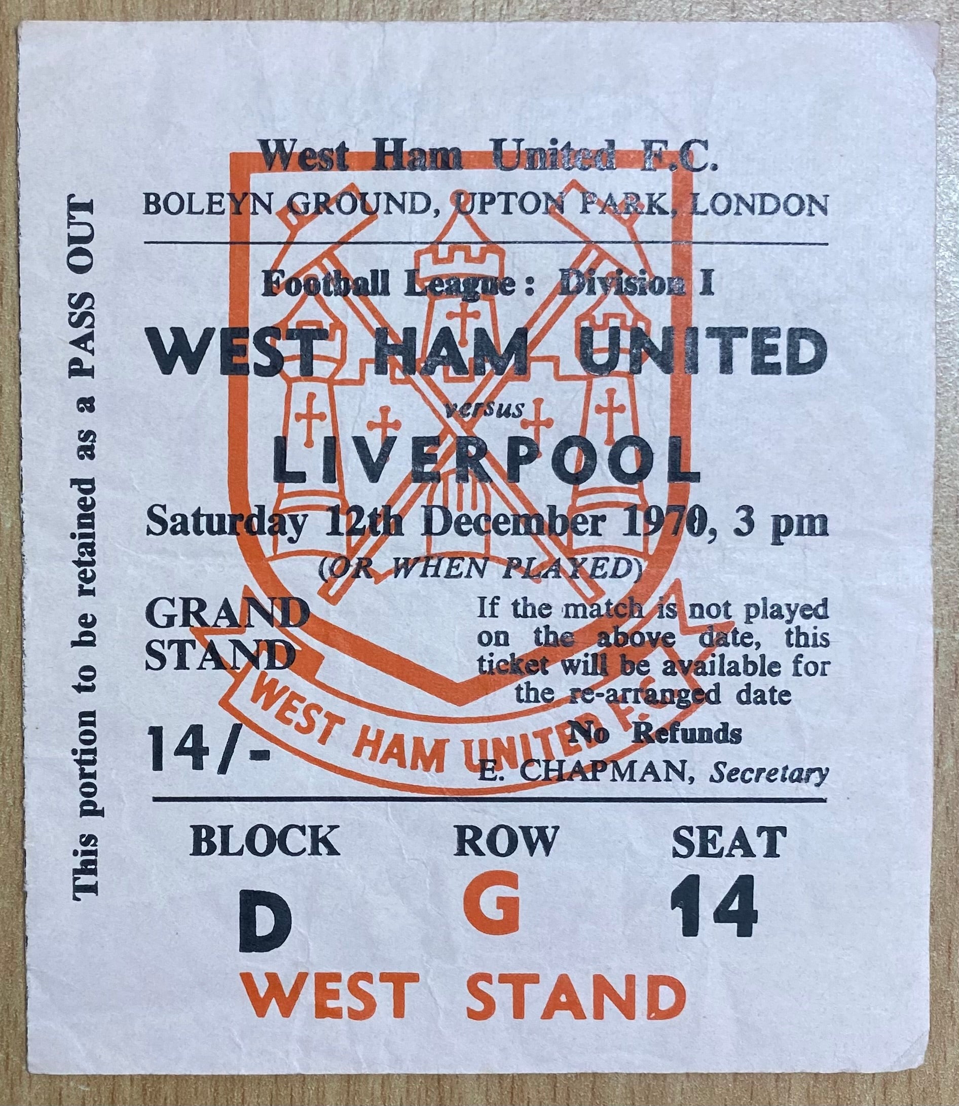 1970/71 ORIGINAL DIVISION 1 TICKET WEST HAM UNITED V LIVERPOOL