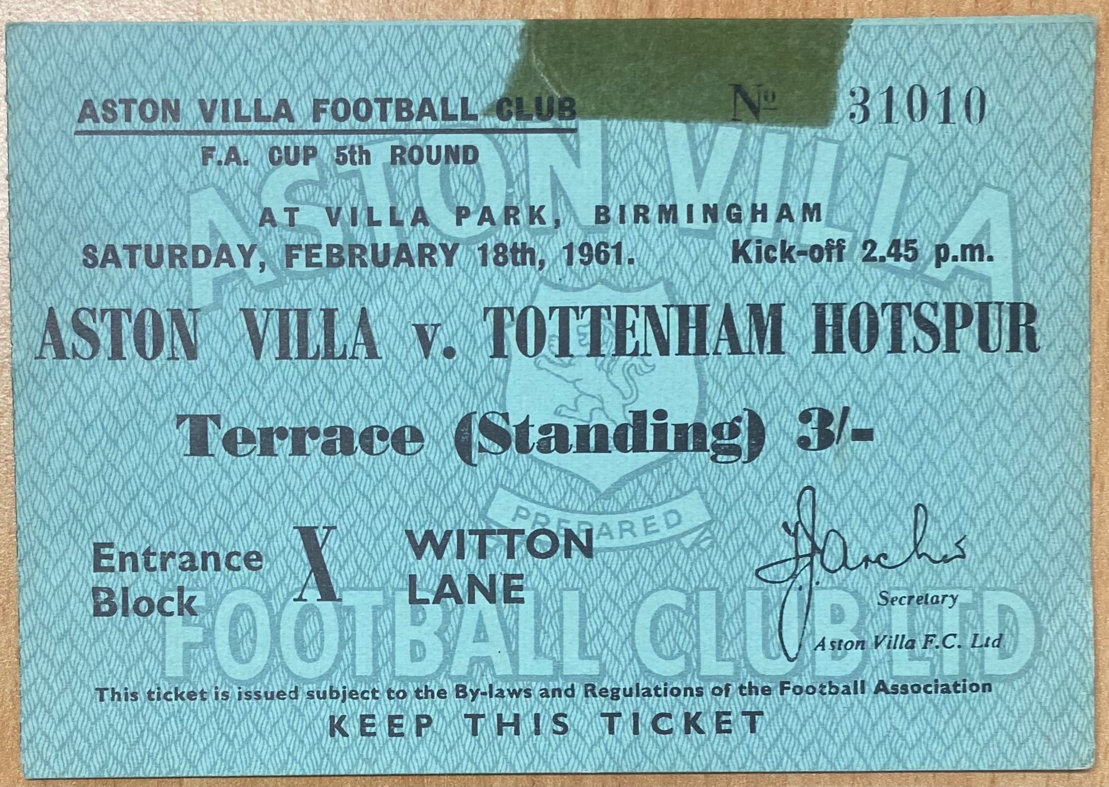 1960/61 ORIGINAL FA CUP 5TH ROUND TICKET ASTON VILLA V TOTTENHAM HOTSPUR