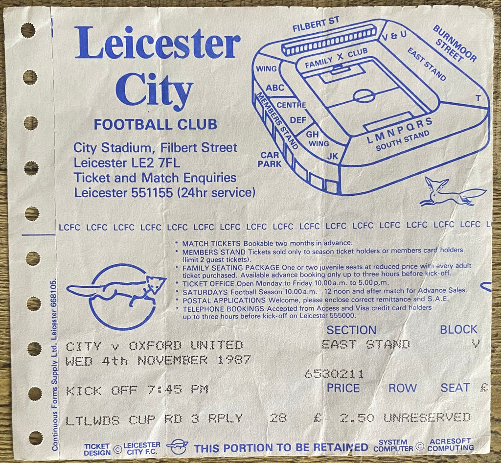 1987/88 ORIGINAL LITTLEWOODS CUP 3RD ROUND REPLAY TICKET LEICESTER CITY V OXFORD UNITED