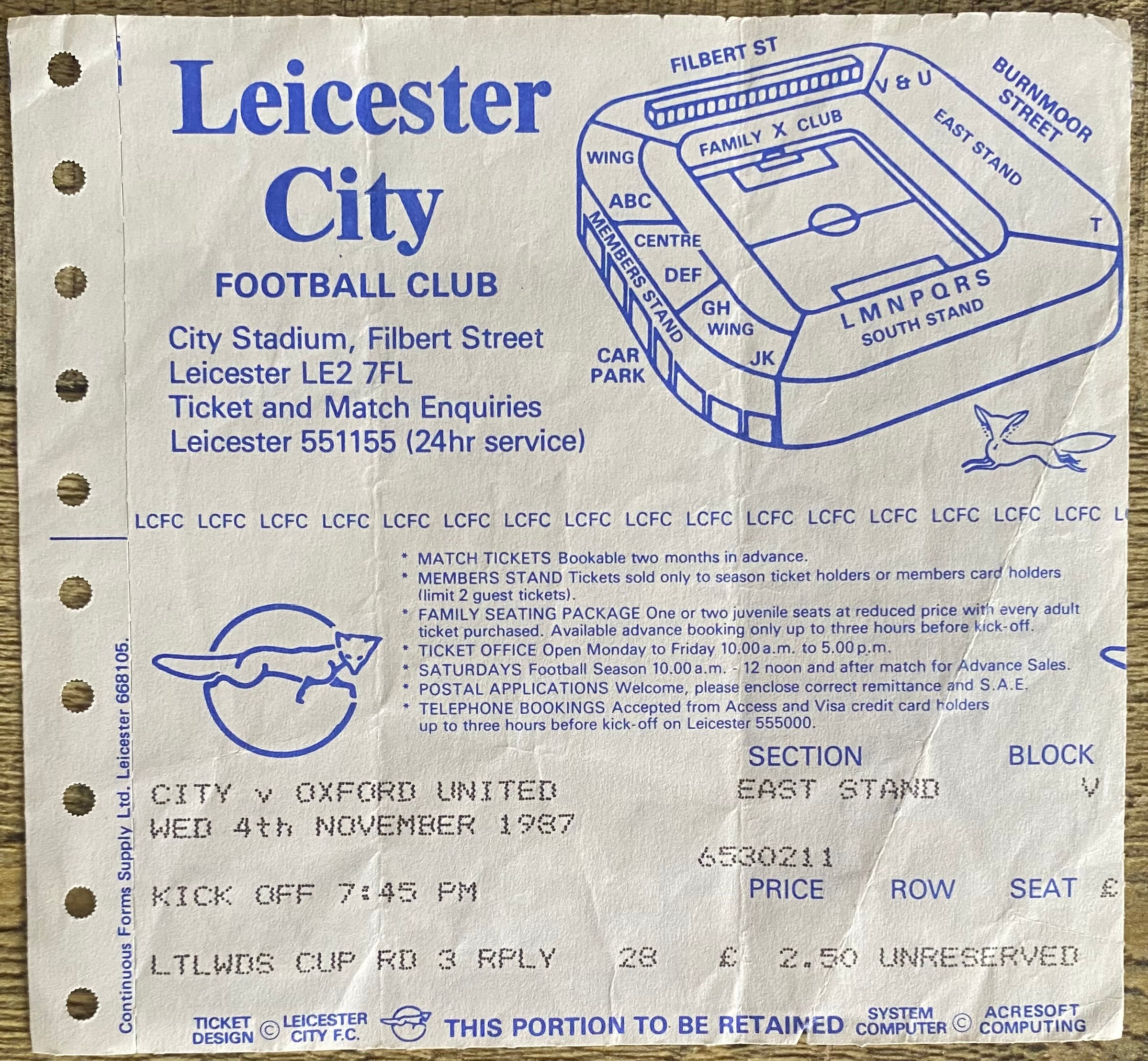 1987/88 ORIGINAL LITTLEWOODS CUP 3RD ROUND REPLAY TICKET LEICESTER CITY V OXFORD UNITED