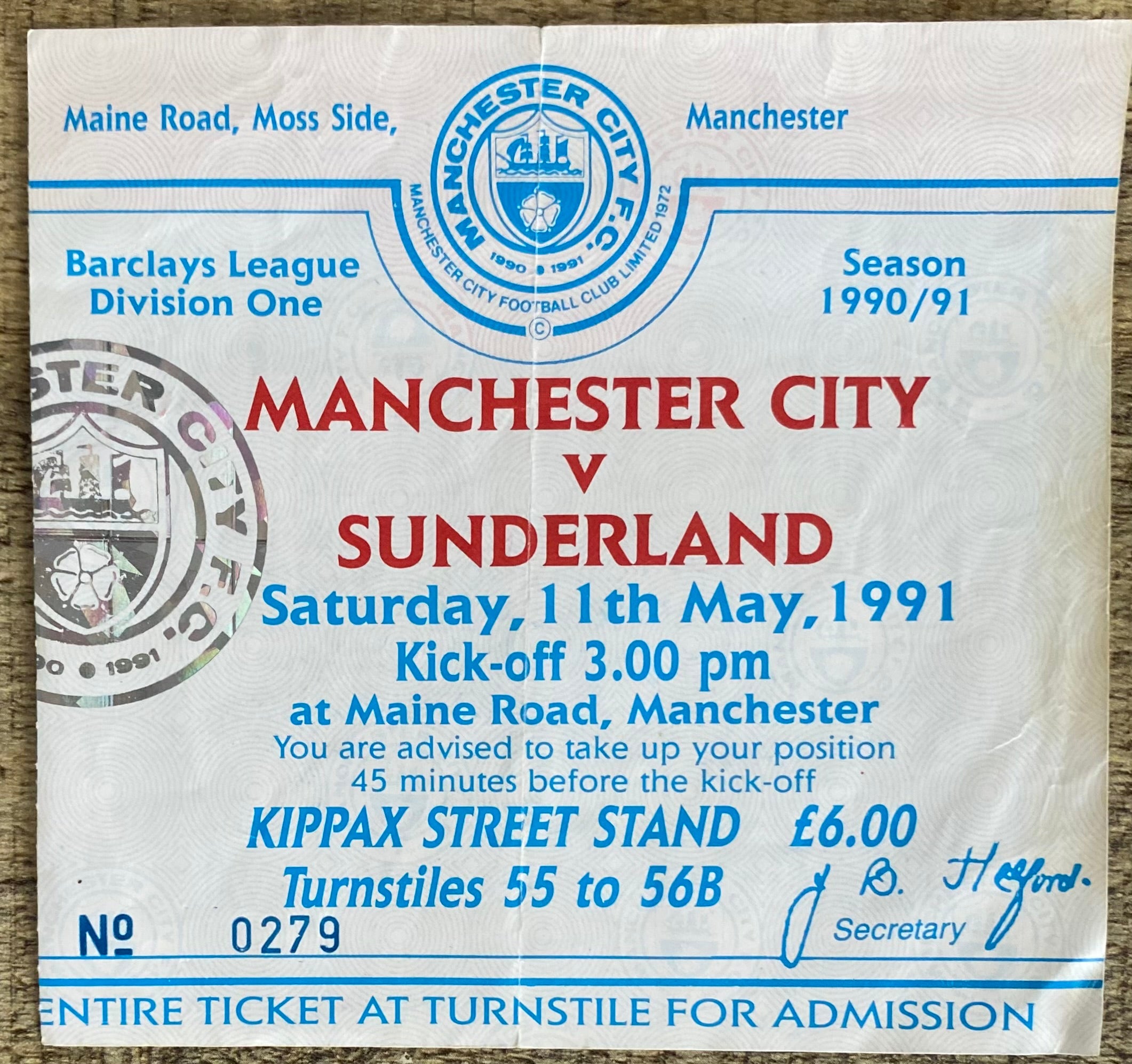 1990/91 ORIGINAL DIVISION ONE TICKET MANCHESTER CITY V SUNDERLAND