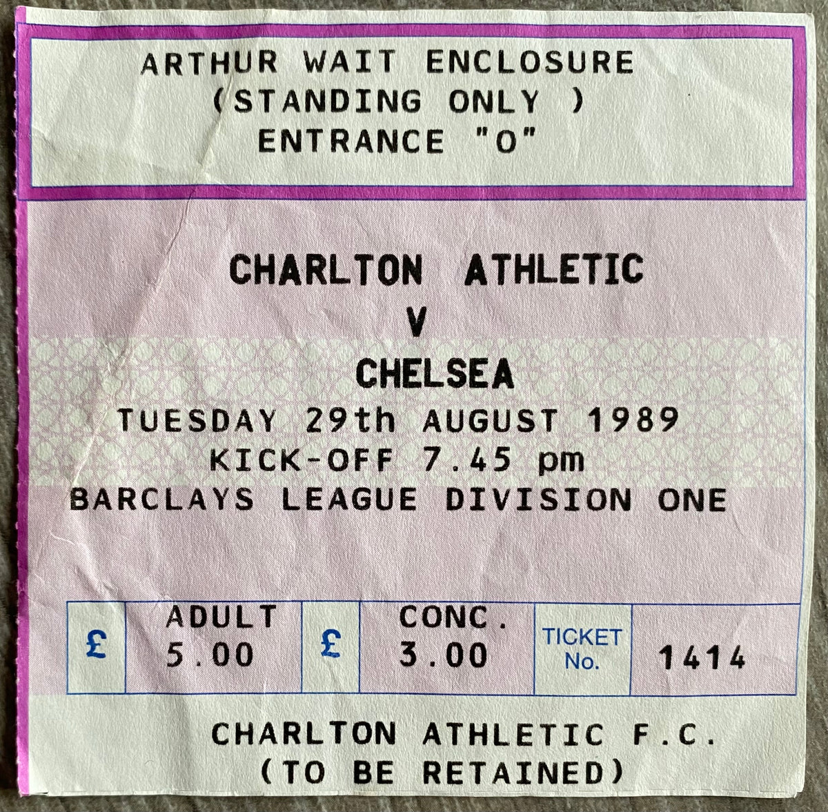 1989/90 ORIGINAL DIVISION 1 TICKET CHARLTON ATHLETIC V CHELSEA