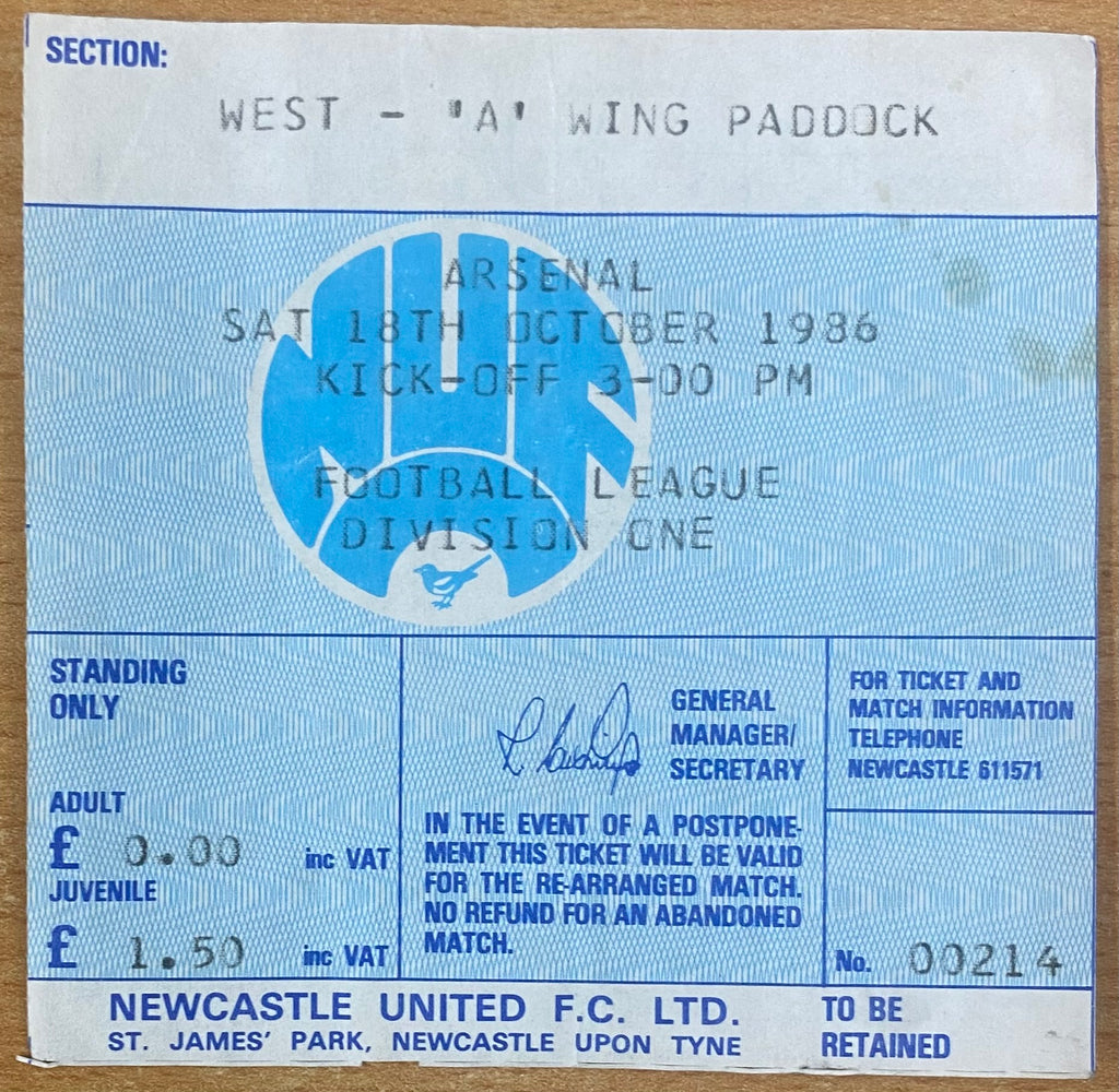 1986/87 ORIGINAL DIVISION 1 TICKET NEWCASTLE UNITED V ARSENAL