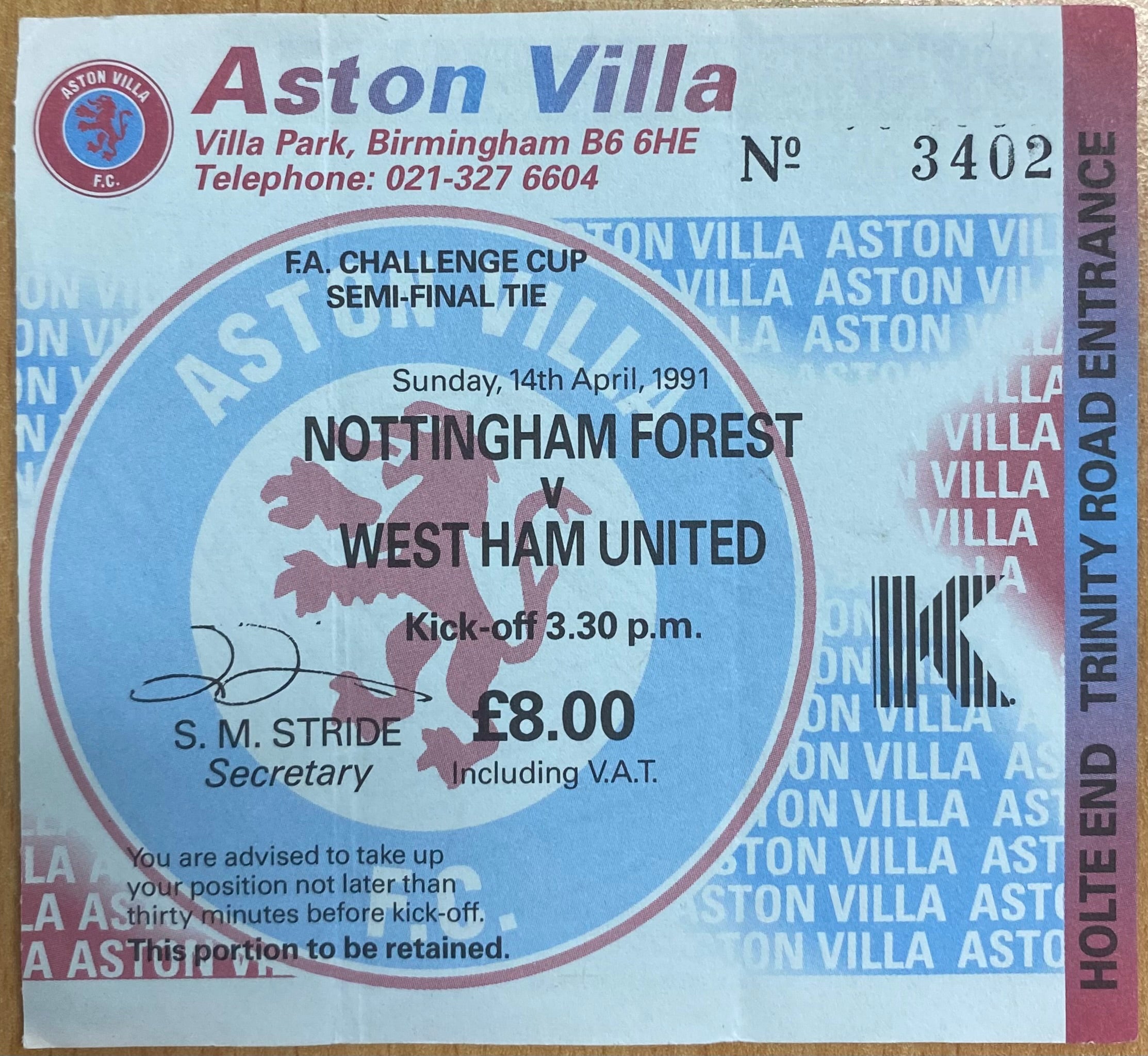 1991 ORIGINAL FA CUP SEMI FINAL TICKET NOTTINGHAM FOREST V WEST HAM UNITED @ VILLA PARK