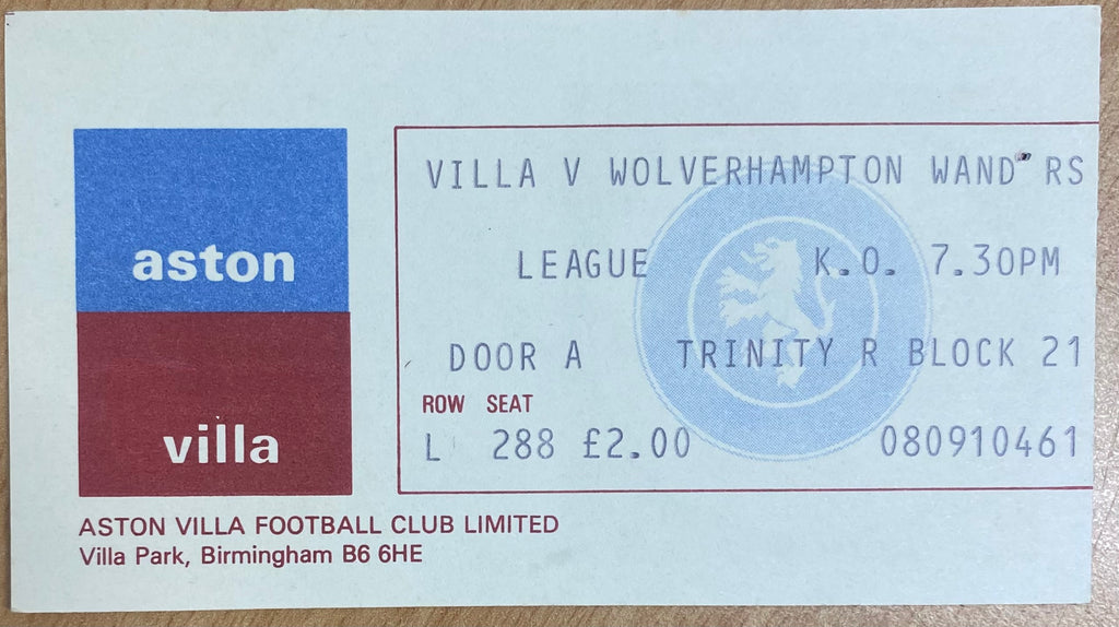1977/78 ORIGINAL DIVISION 1 TICKET ASTON VILLA V WOLVERHAMPTON WANDERERS