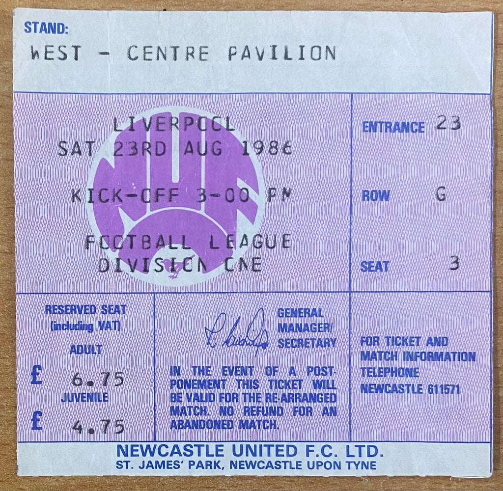 1986/87 ORIGINAL DIVISION 1 TICKET NEWCASTLE UNITED V LIVERPOOL