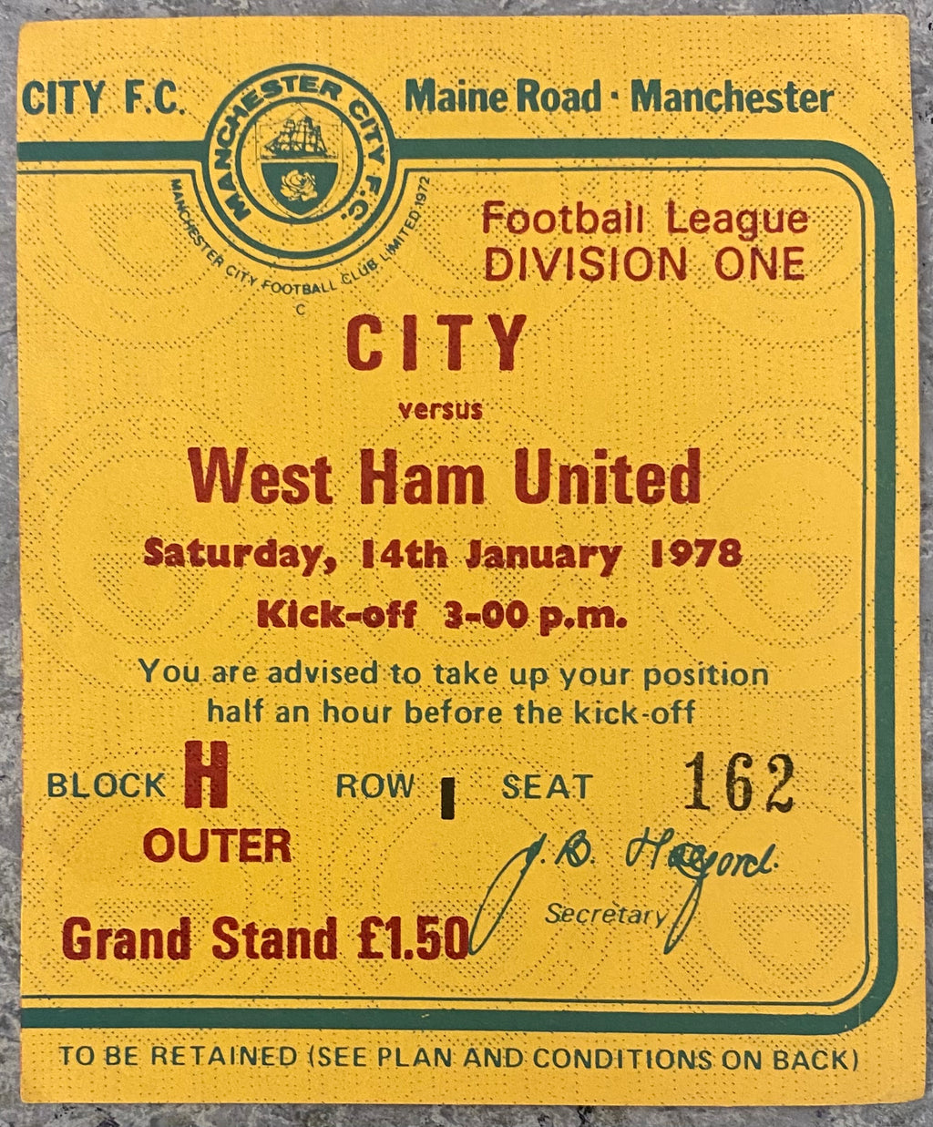 1977/78 ORIGINAL DIVISION 1 TICKET MANCHESTER CITY V WEST HAM UNITED