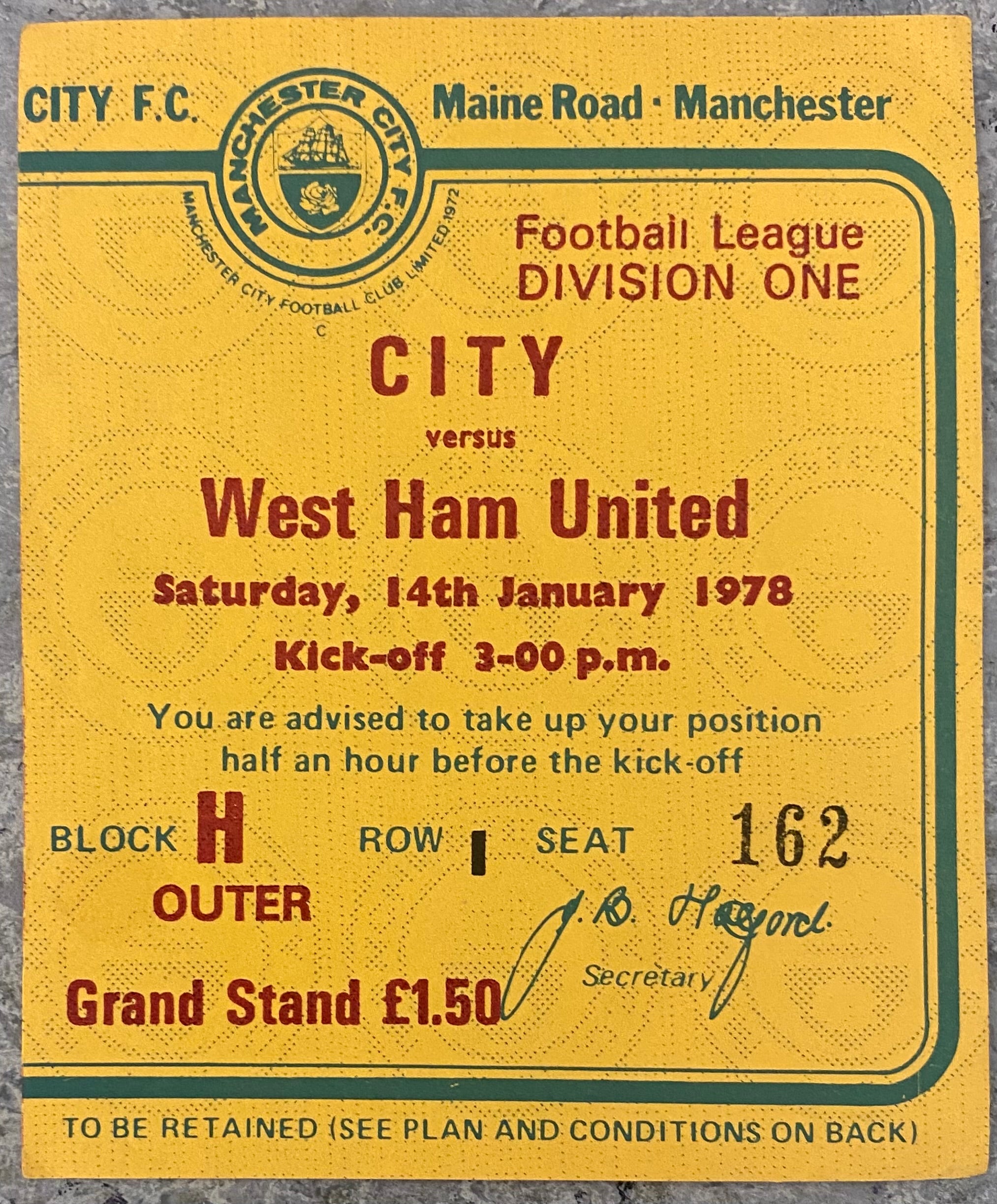 1977/78 ORIGINAL DIVISION 1 TICKET MANCHESTER CITY V WEST HAM UNITED