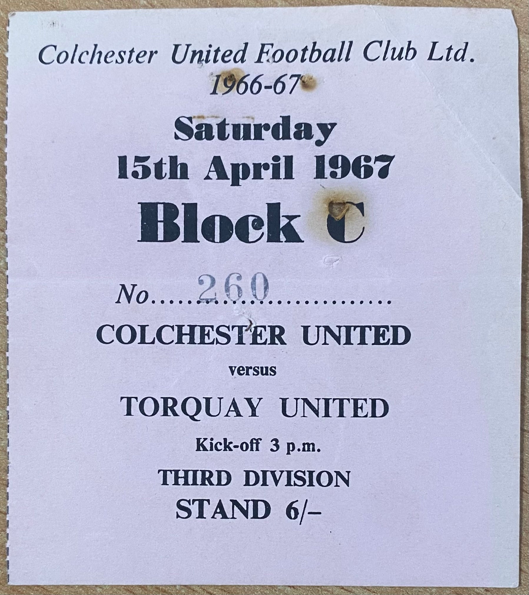 1966/67 ORIGINAL DIVISION 3 TICKET COLCHESTER UNITED V TORQUAY UNITED