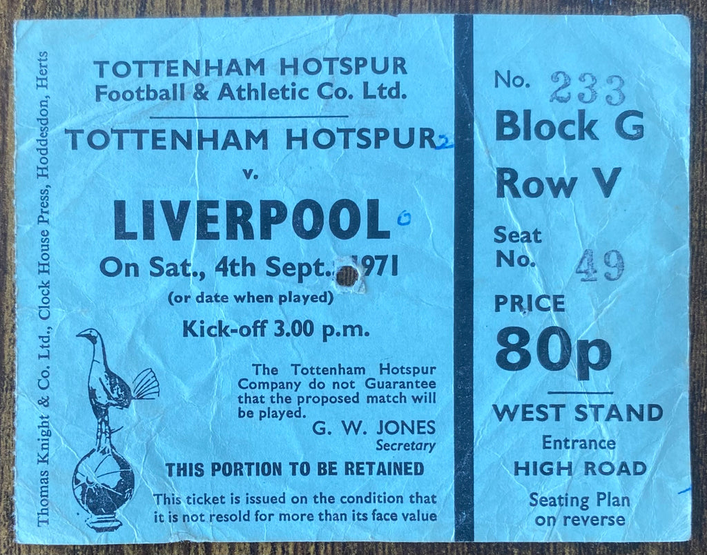 1971/72 ORIGINAL DIVISION ONE TICKET TOTTENHAM HOTSPUR V LIVERPOOL
