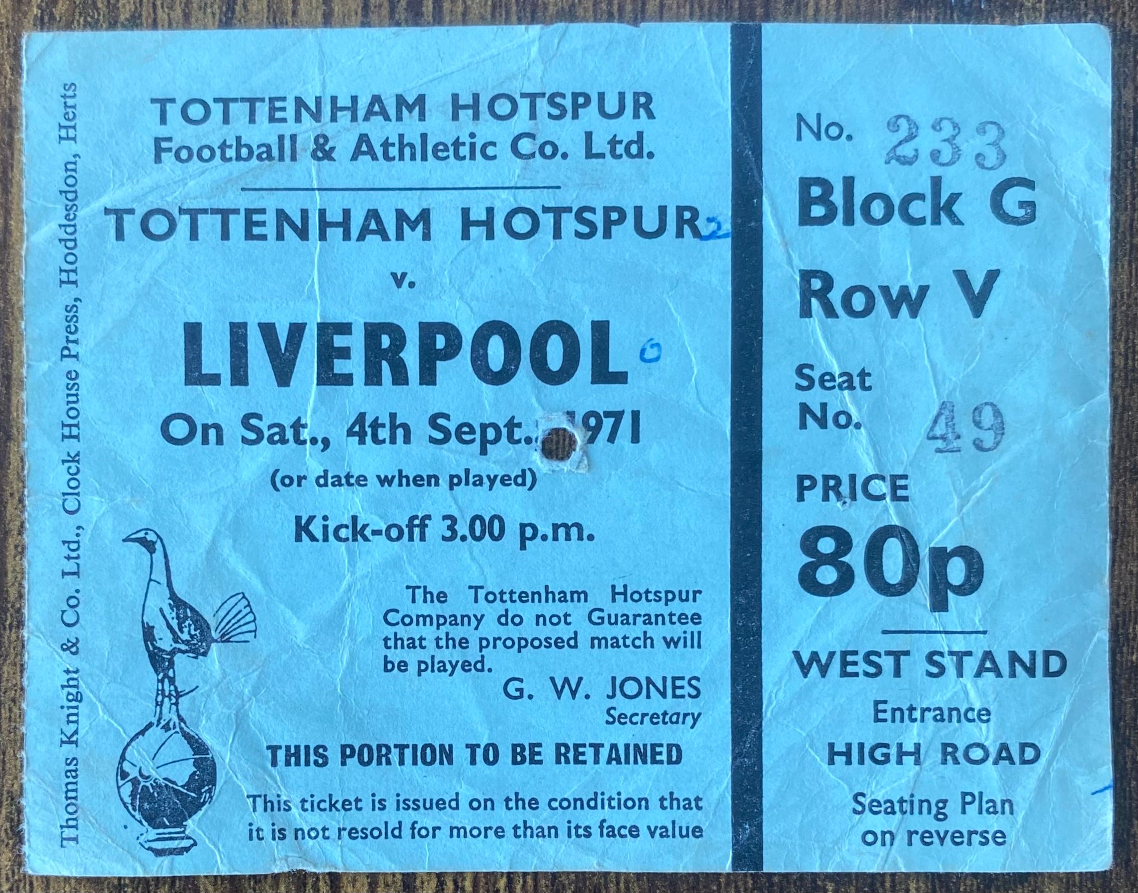 1971/72 ORIGINAL DIVISION ONE TICKET TOTTENHAM HOTSPUR V LIVERPOOL