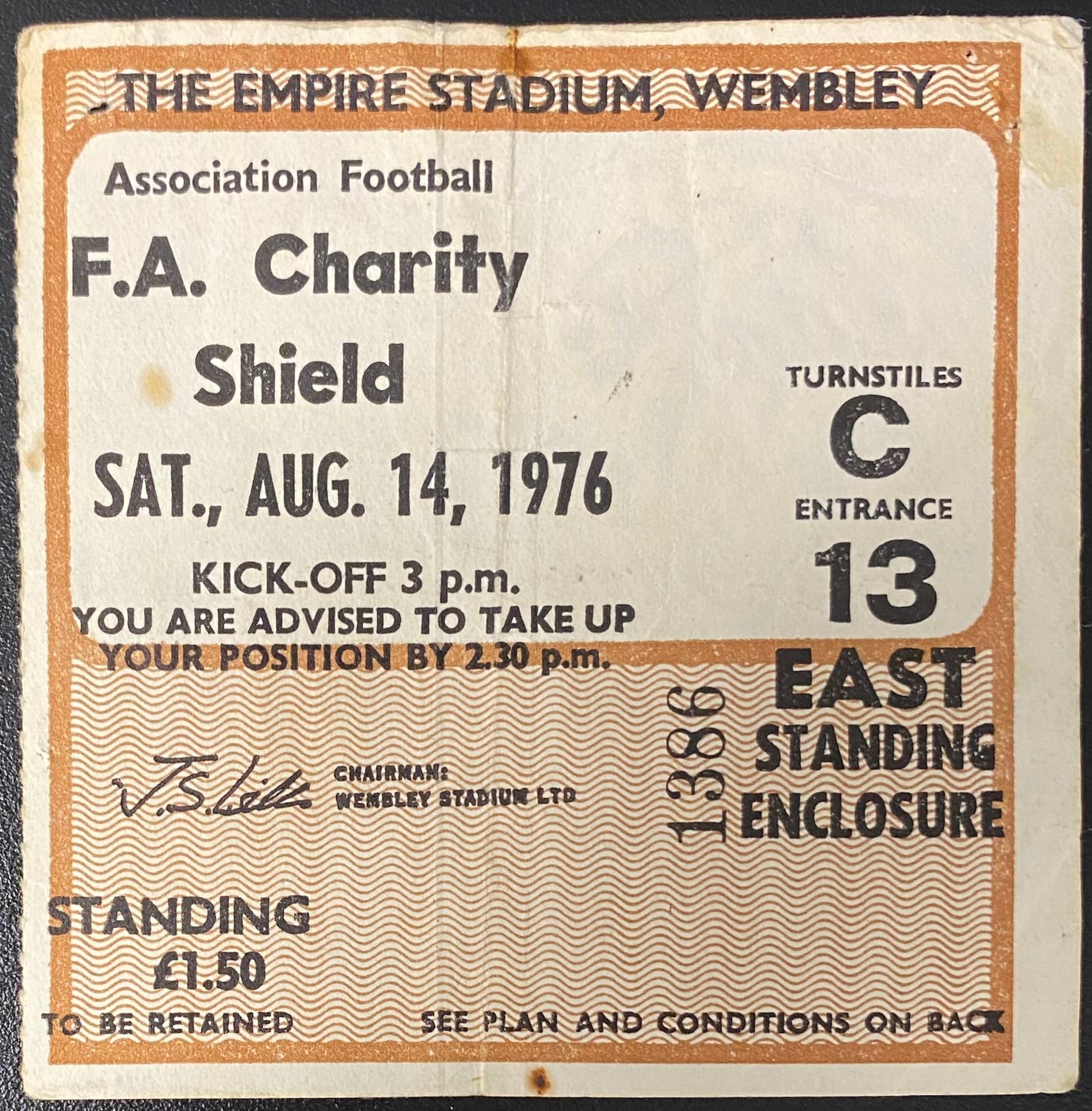 1976 ORIGINAL CHARITY SHIELD TICKET LIVERPOOL V SOUTHAMPTON
