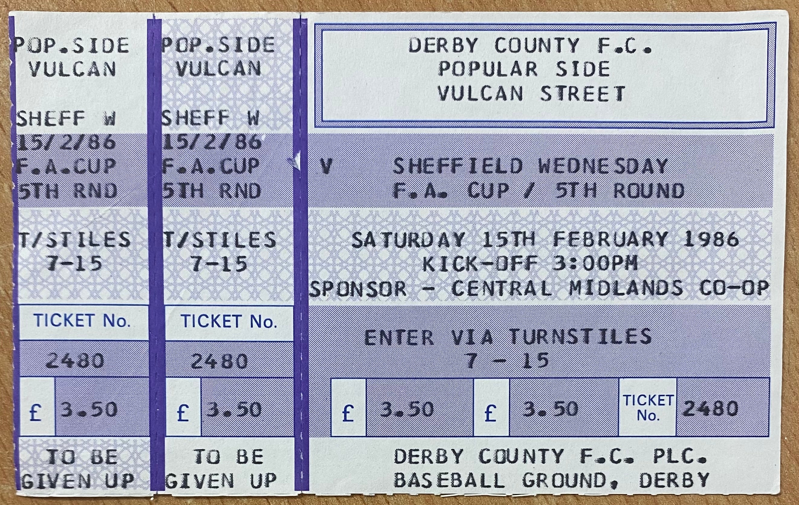 1985/86 ORIGINAL FA CUP 5TH ROUND UNUSED TICKET DERBY COUNTY V SHEFFIELD WEDNESDAY