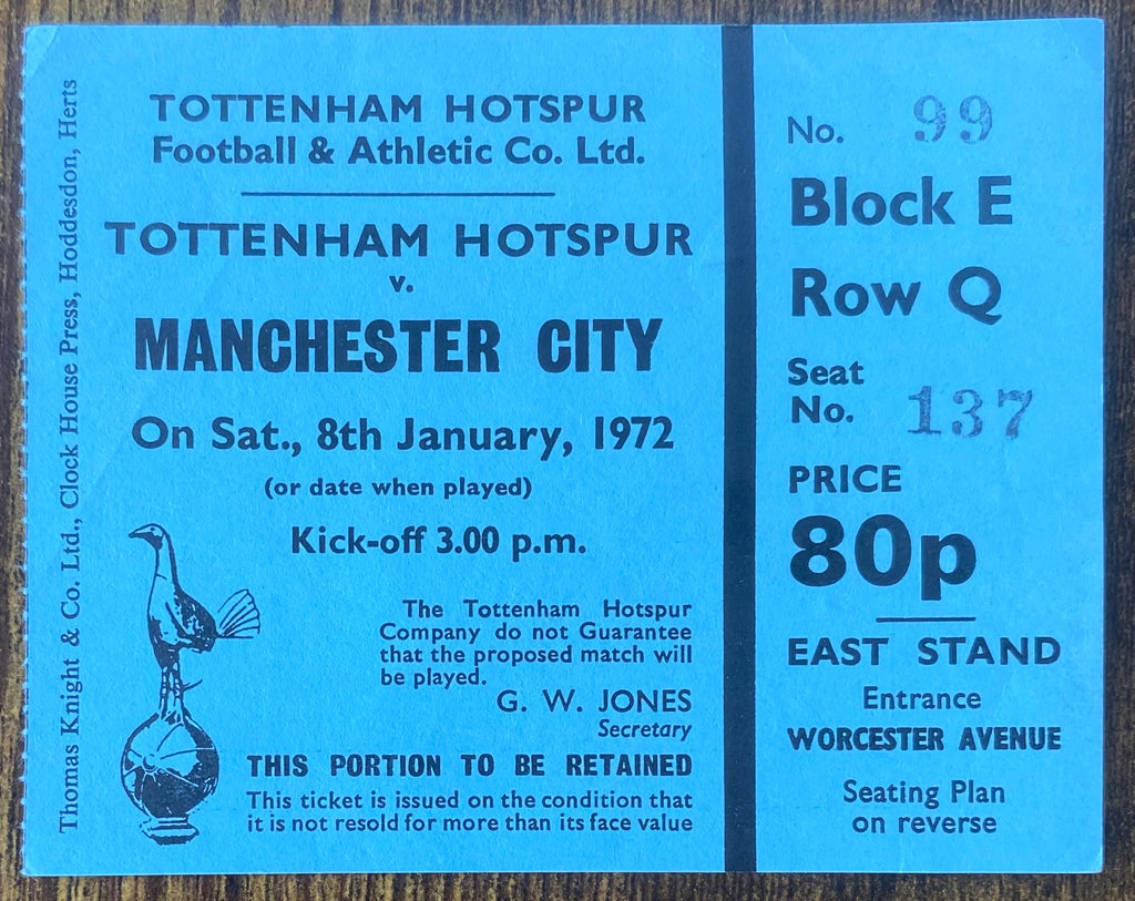 1971/72 ORIGINAL DIVISION ONE TICKET TOTTENHAM HOTSPUR V MANCHESTER CITY